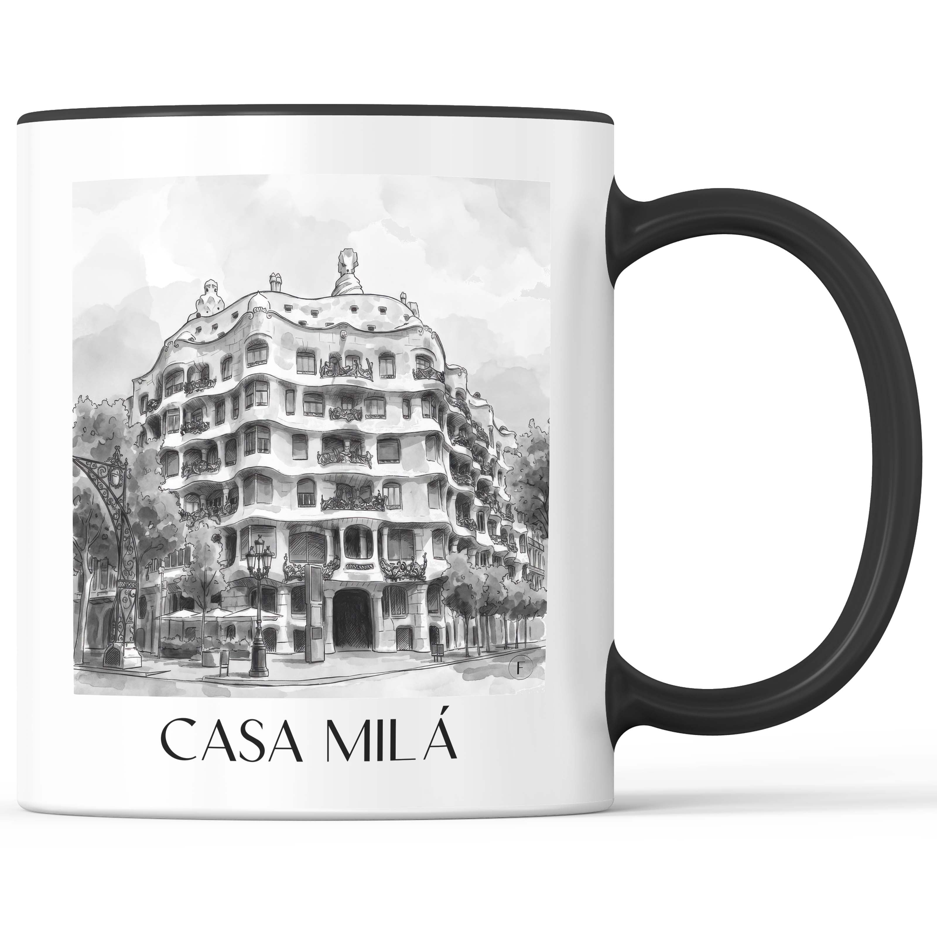 casa-milá-barcelona-spanien-kaffeebecher-aquarell-schwarz-weiss