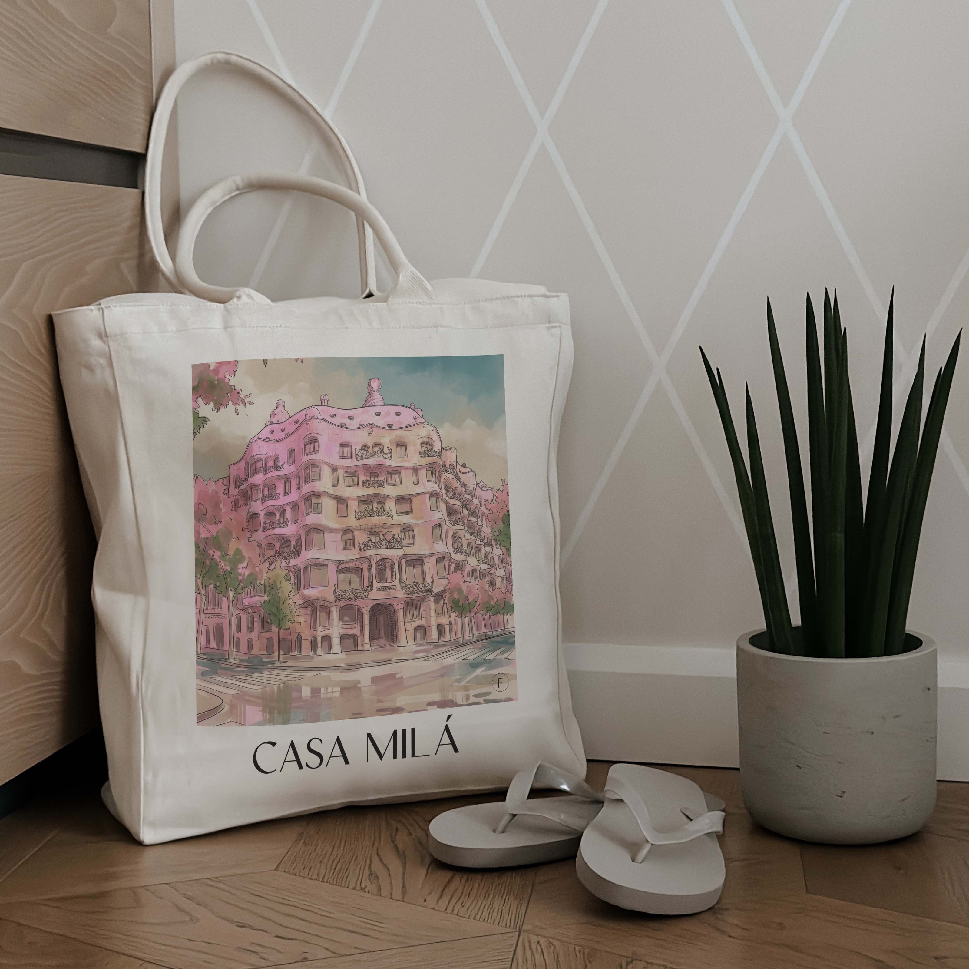 casa-milá-barcelona-spanien-einkaufstasche-aquarell-pink-rosa