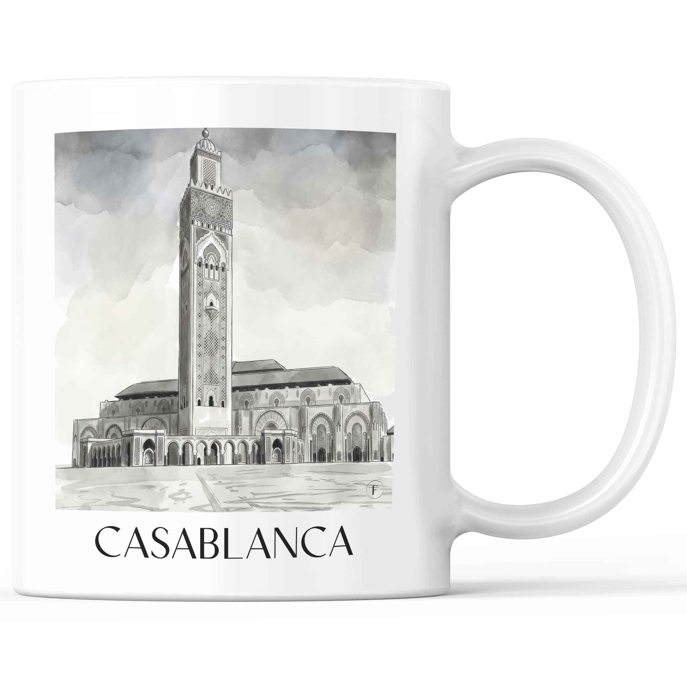 Casablanca - Marokko Becher - Kaffeetasse im Aquarell Schwarz-Weiß Stil - favplace