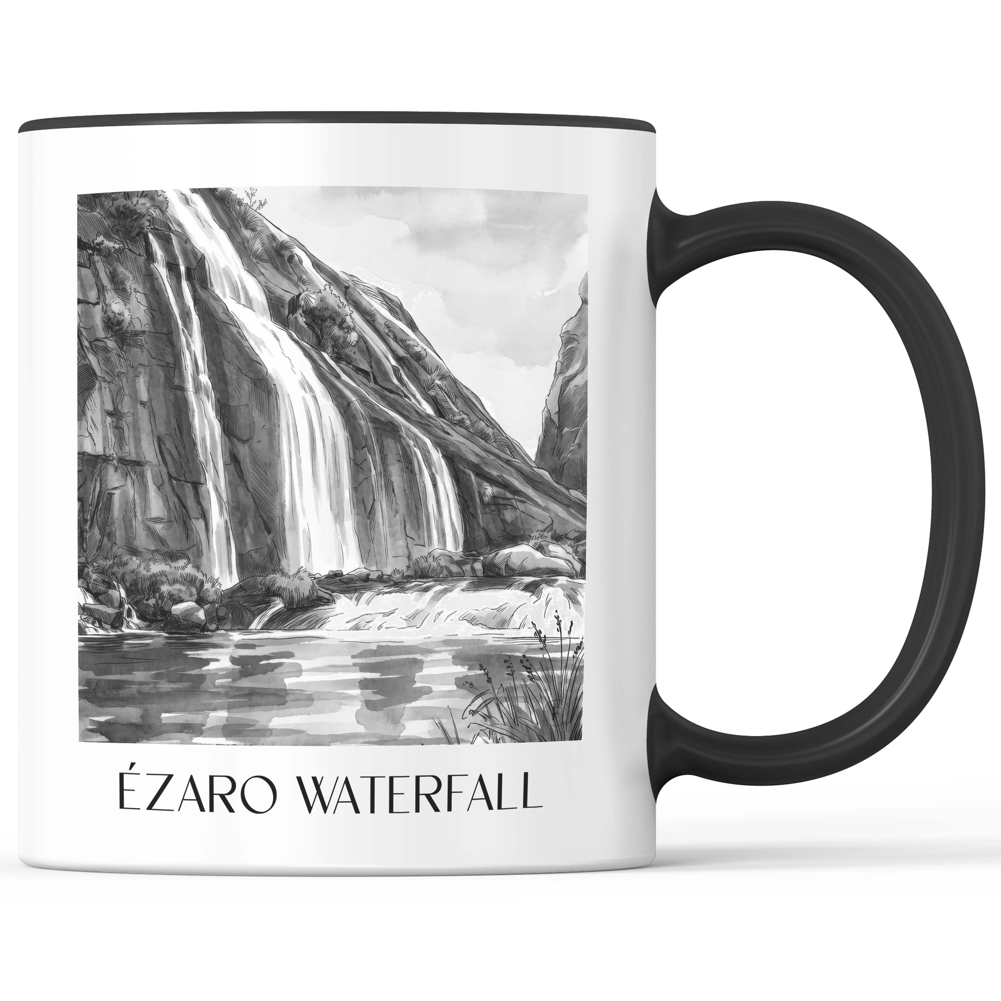 Cascada de Ézaro Kaffeebecher - Galicien - Spanien Becher - Kaffeetasse im Aquarell Schwarz-Weiß Stil - favplace