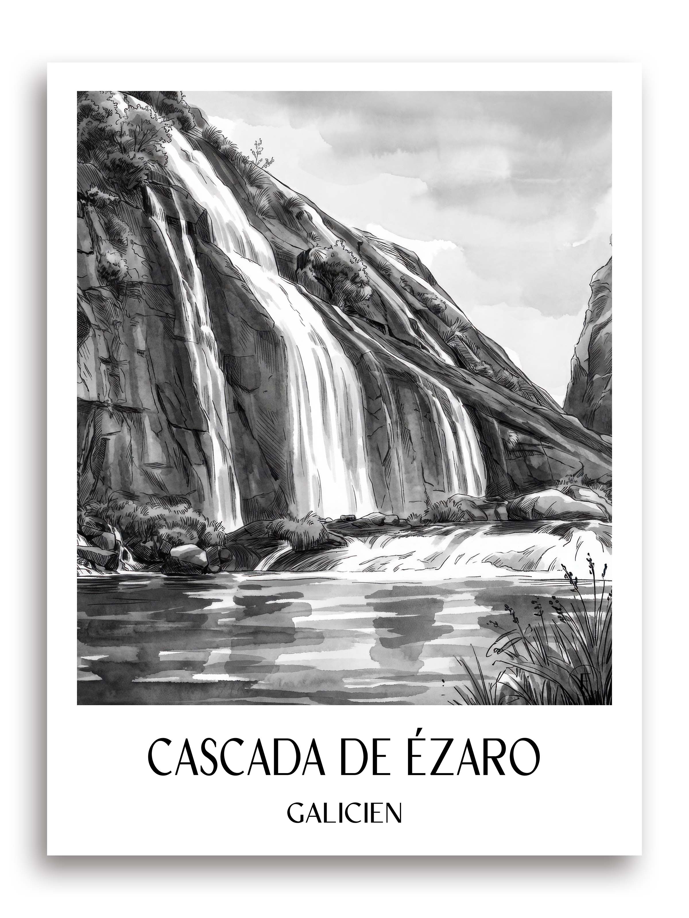 cascada-de-ézaro-galicien-spanien-poster-aquarell-schwarz-weiss