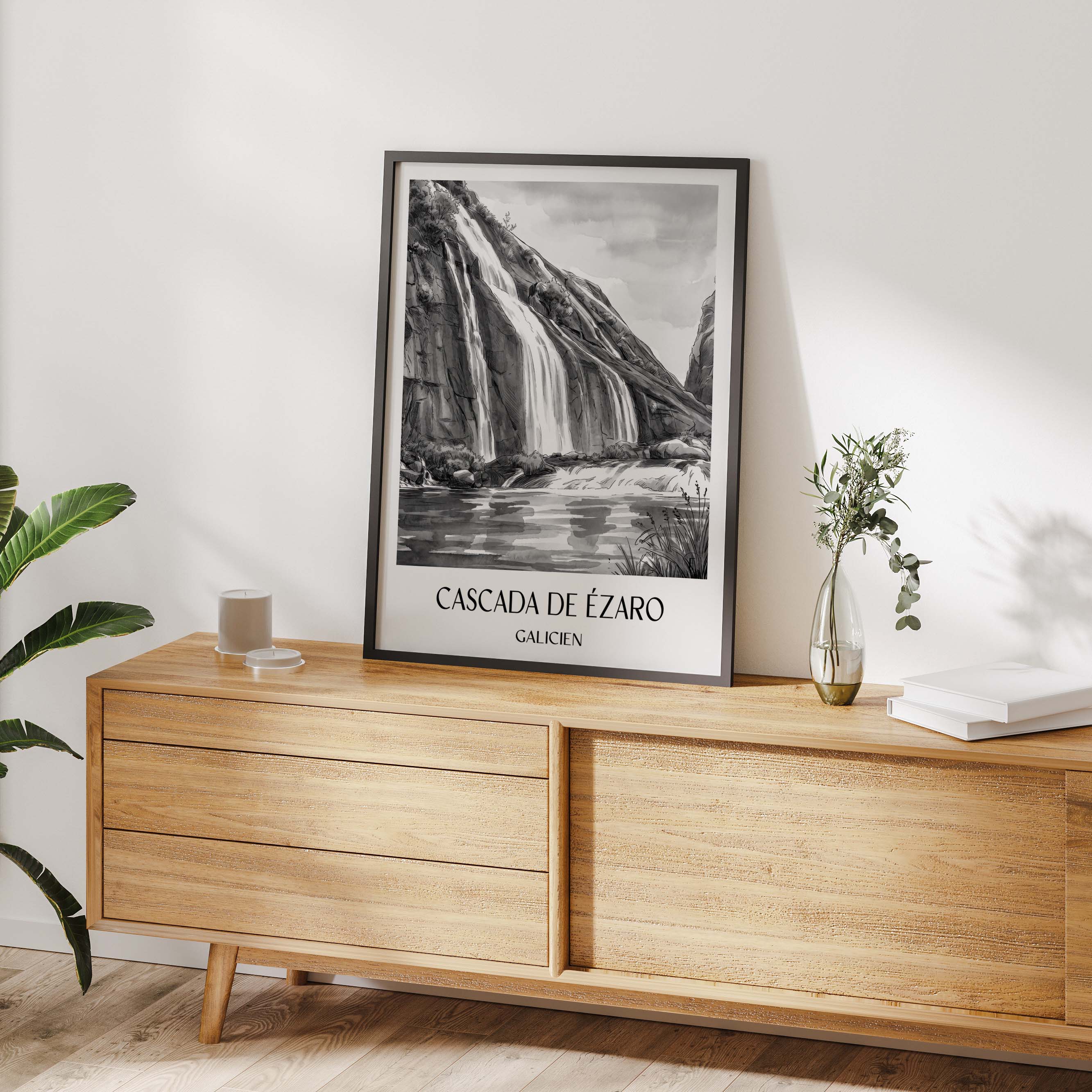 cascada-de-ézaro-galicien-spanien-poster-aquarell-schwarz-weiss