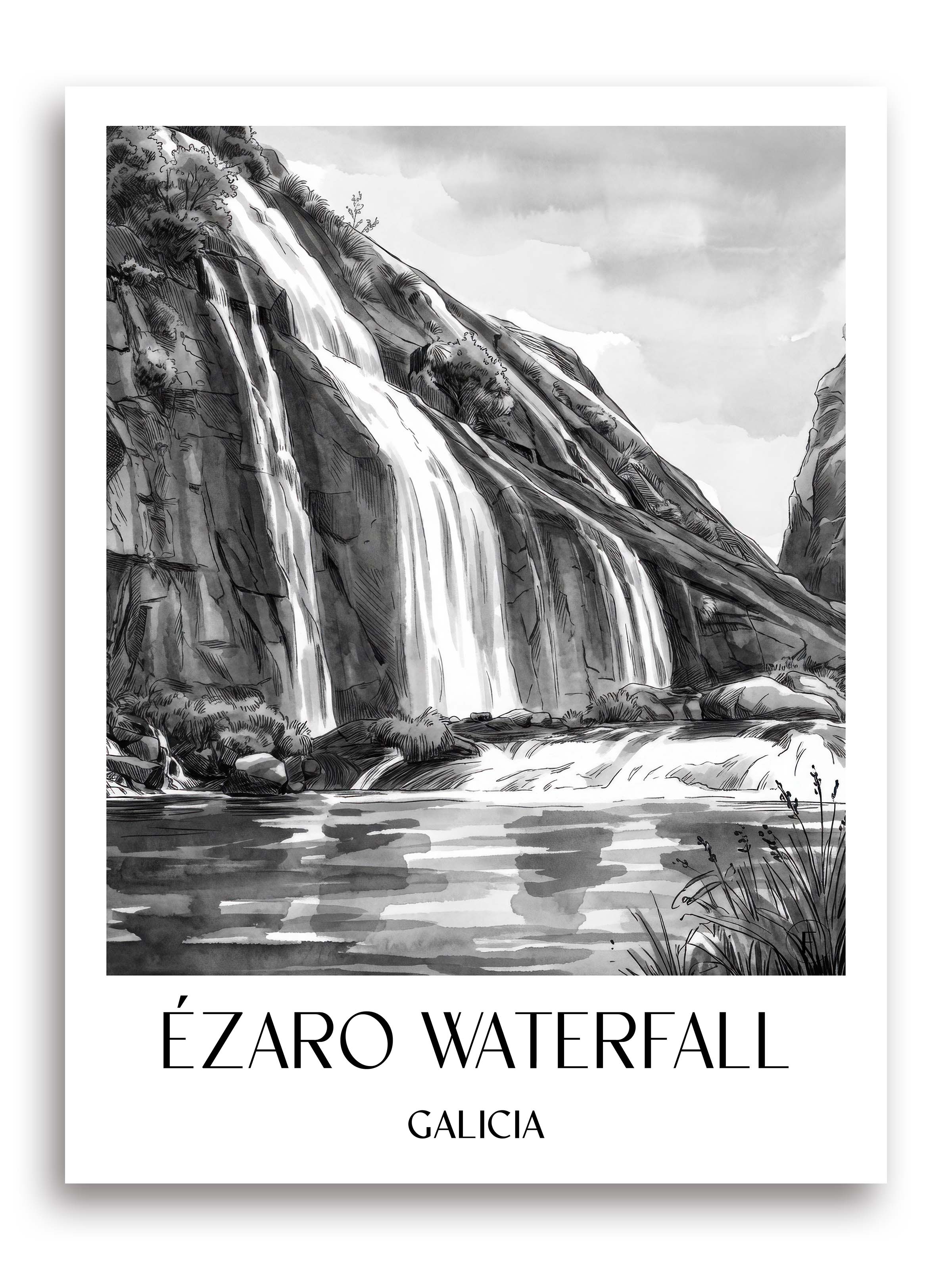 Cascada de Ézaro Poster - Galicien - Spanien Kunstdruck - Aquarell Schwarz-Weiß von A4 bis A1 - favplace