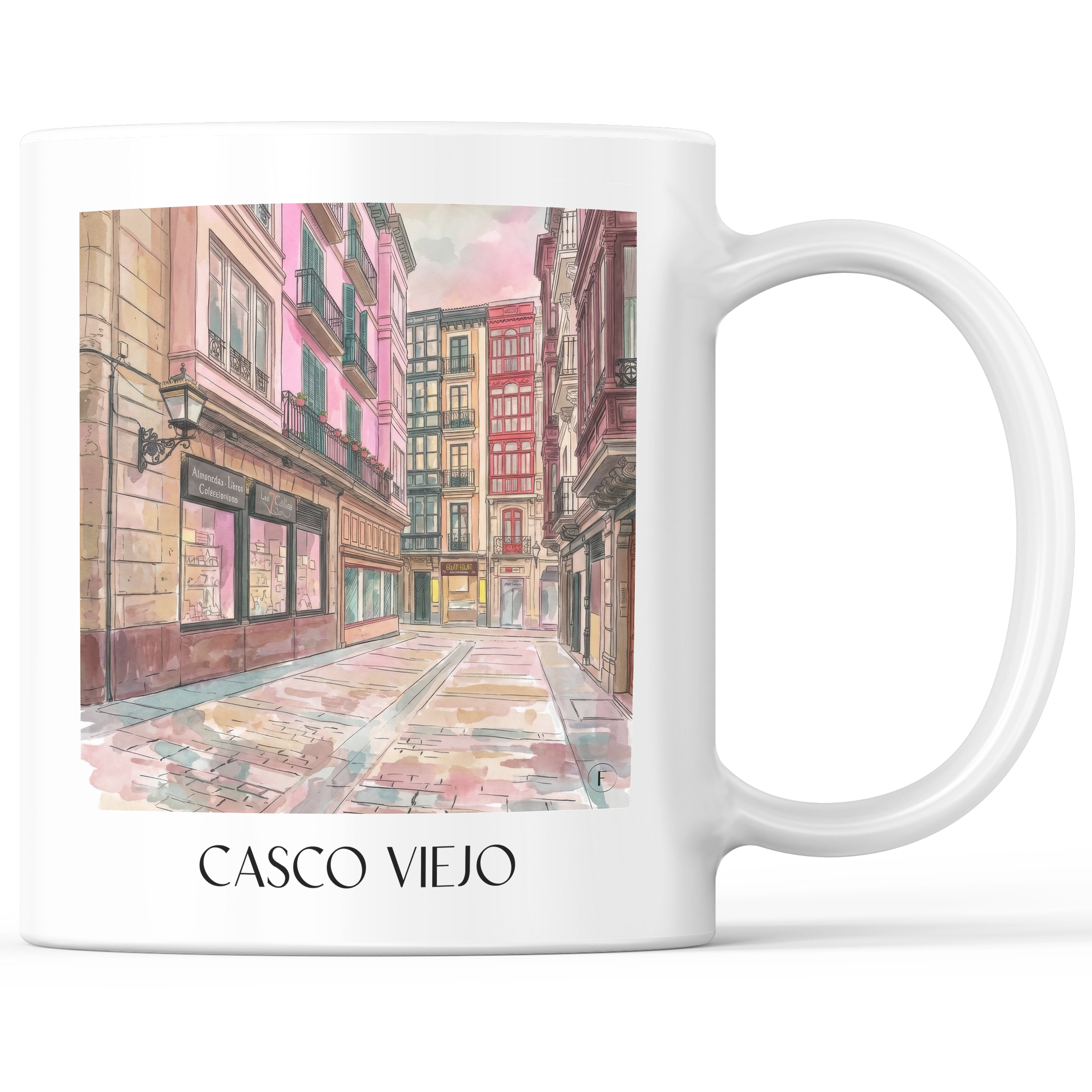 Casco Viejo Kaffeebecher - Bilbao - Spanien Becher - Kaffeetasse im Aquarell Pink Stil - favplace