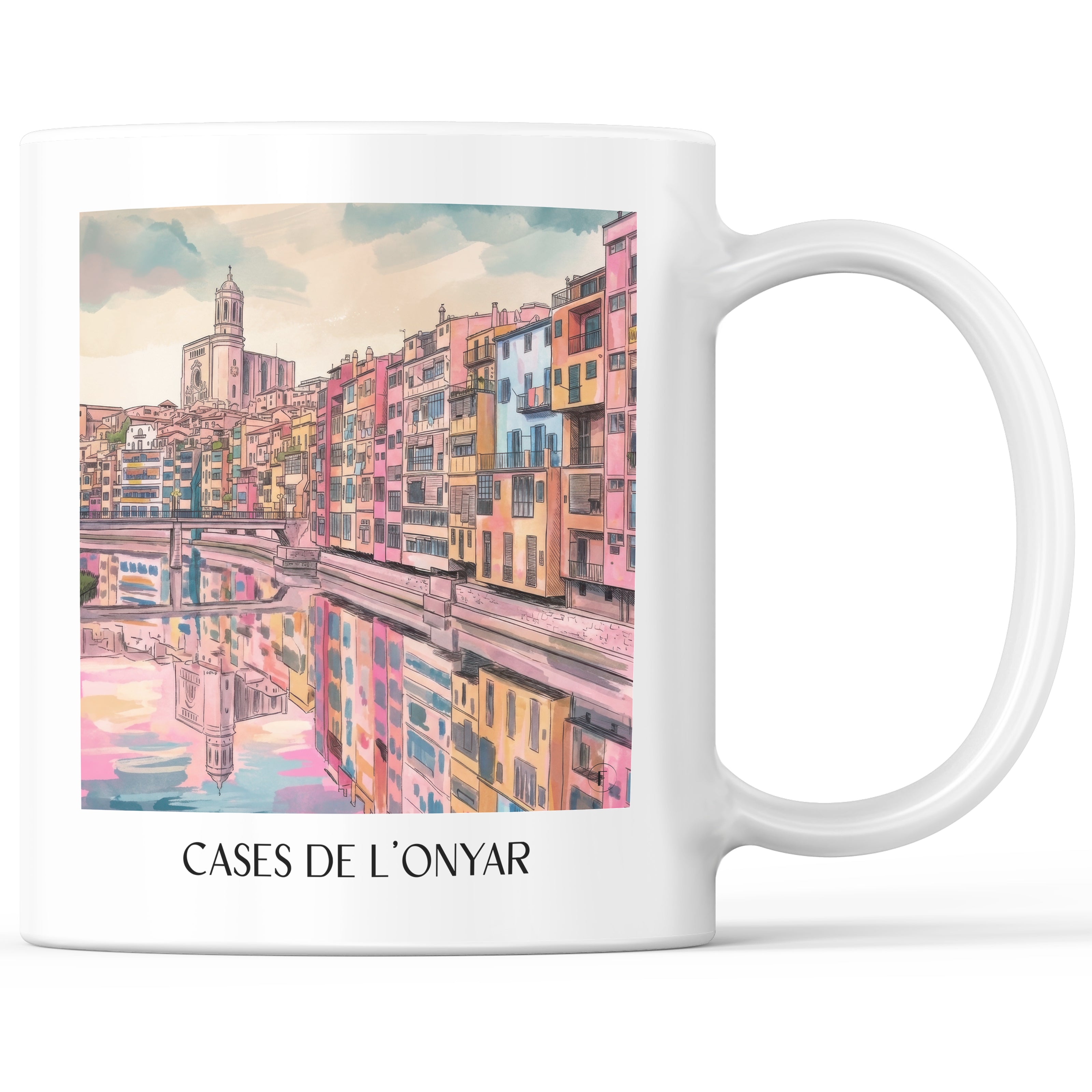 Cases de l'Onyar Kaffeebecher - Girona - Spanien Becher - Kaffeetasse im Aquarell Pink Stil - favplace