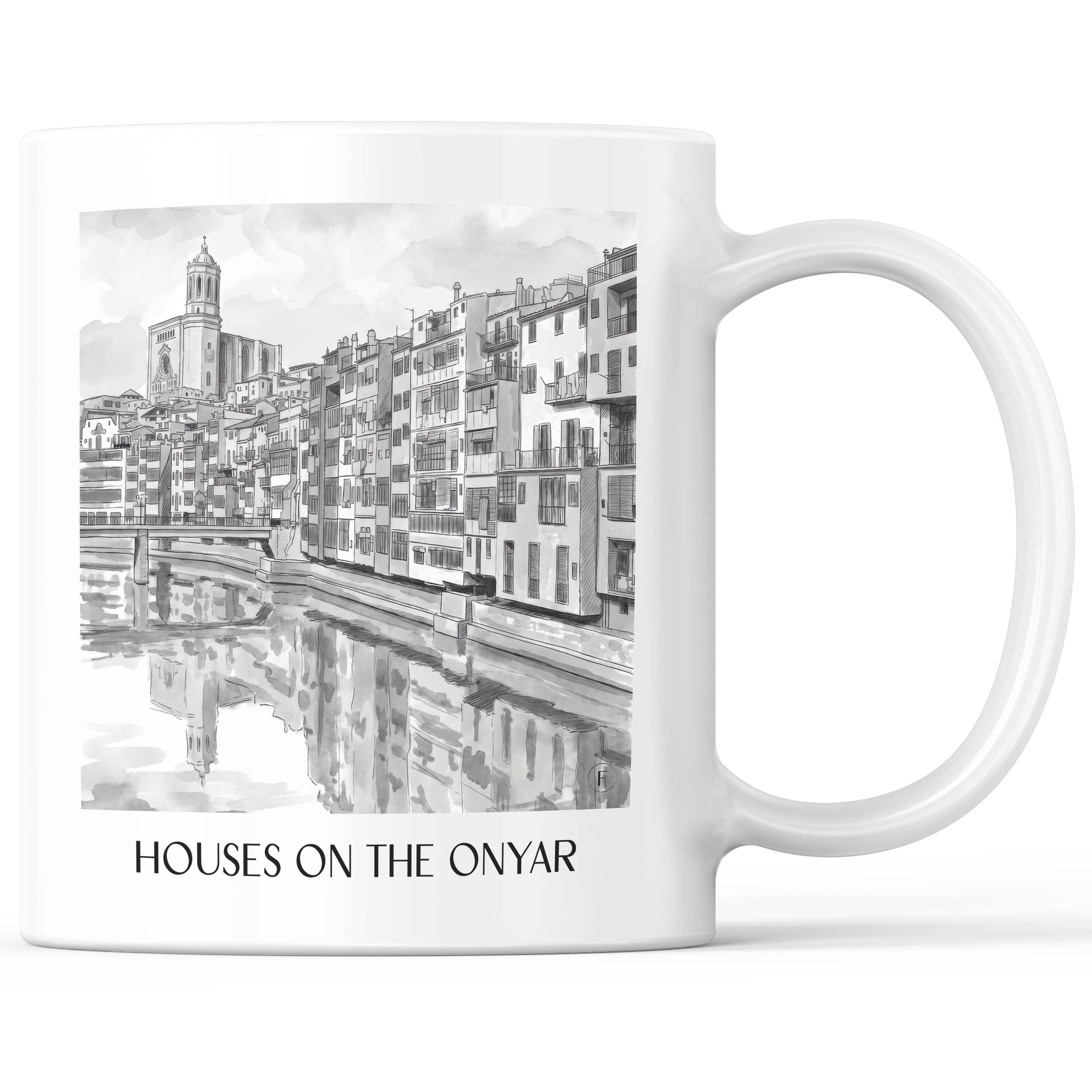 Cases de l'Onyar Kaffeebecher - Girona - Spanien Becher - Kaffeetasse im Aquarell Schwarz-Weiß Stil - favplace
