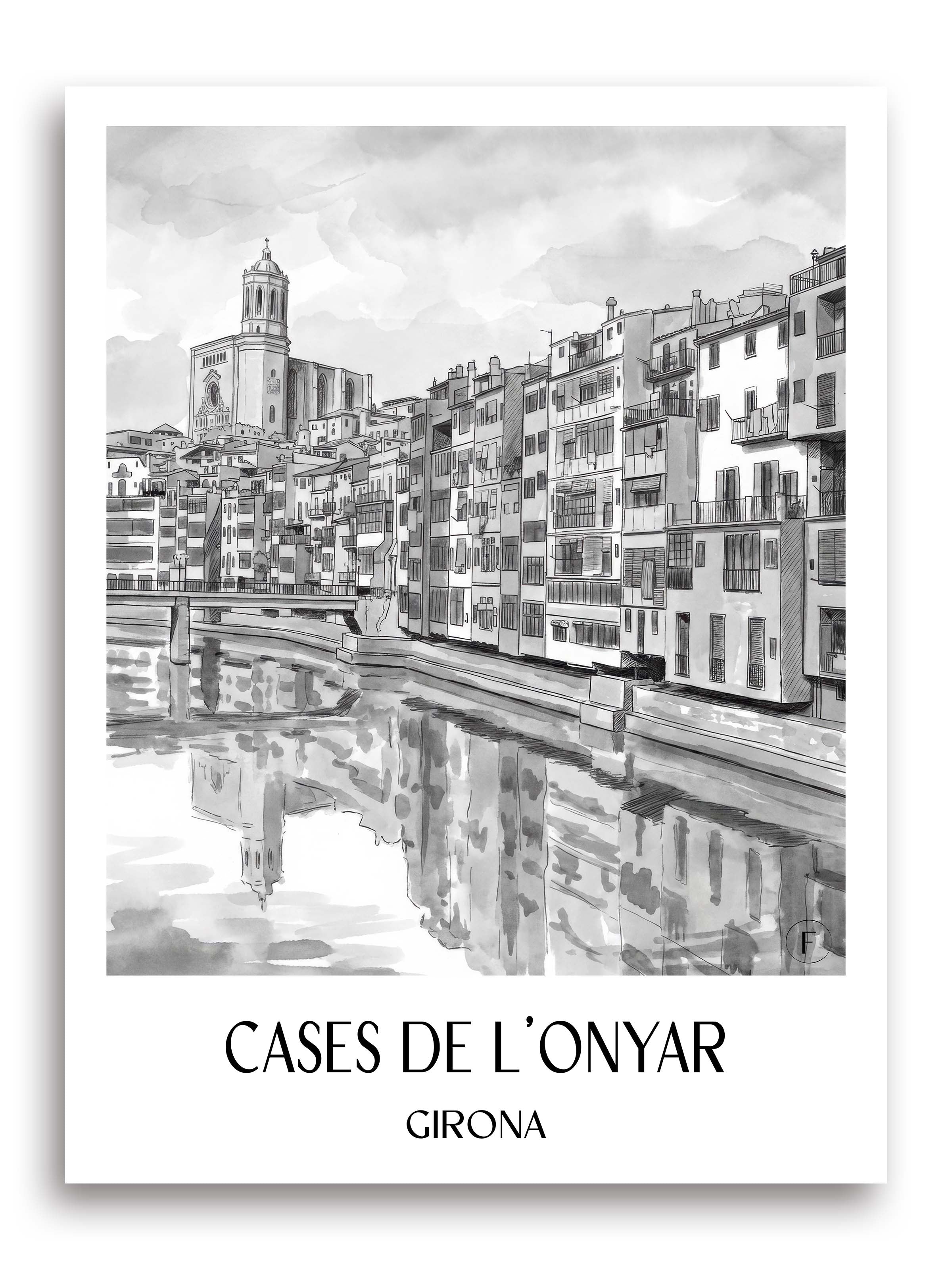 cases-de-l'onyar-girona-spanien-poster-aquarell-schwarz-weiss