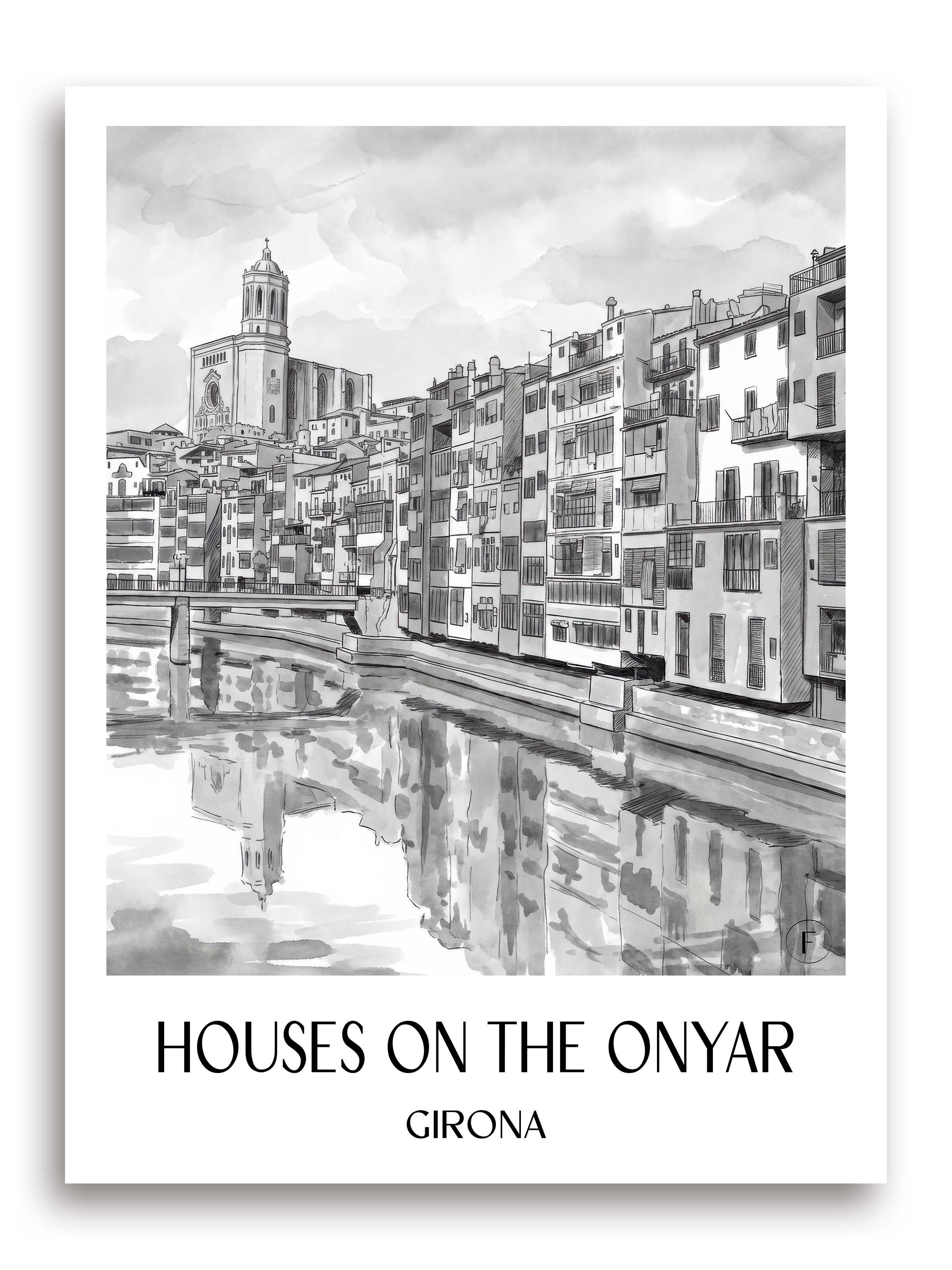 Cases de l'Onyar Poster - Girona - Spanien Kunstdruck - Aquarell Schwarz-Weiß von A4 bis A1 - favplace