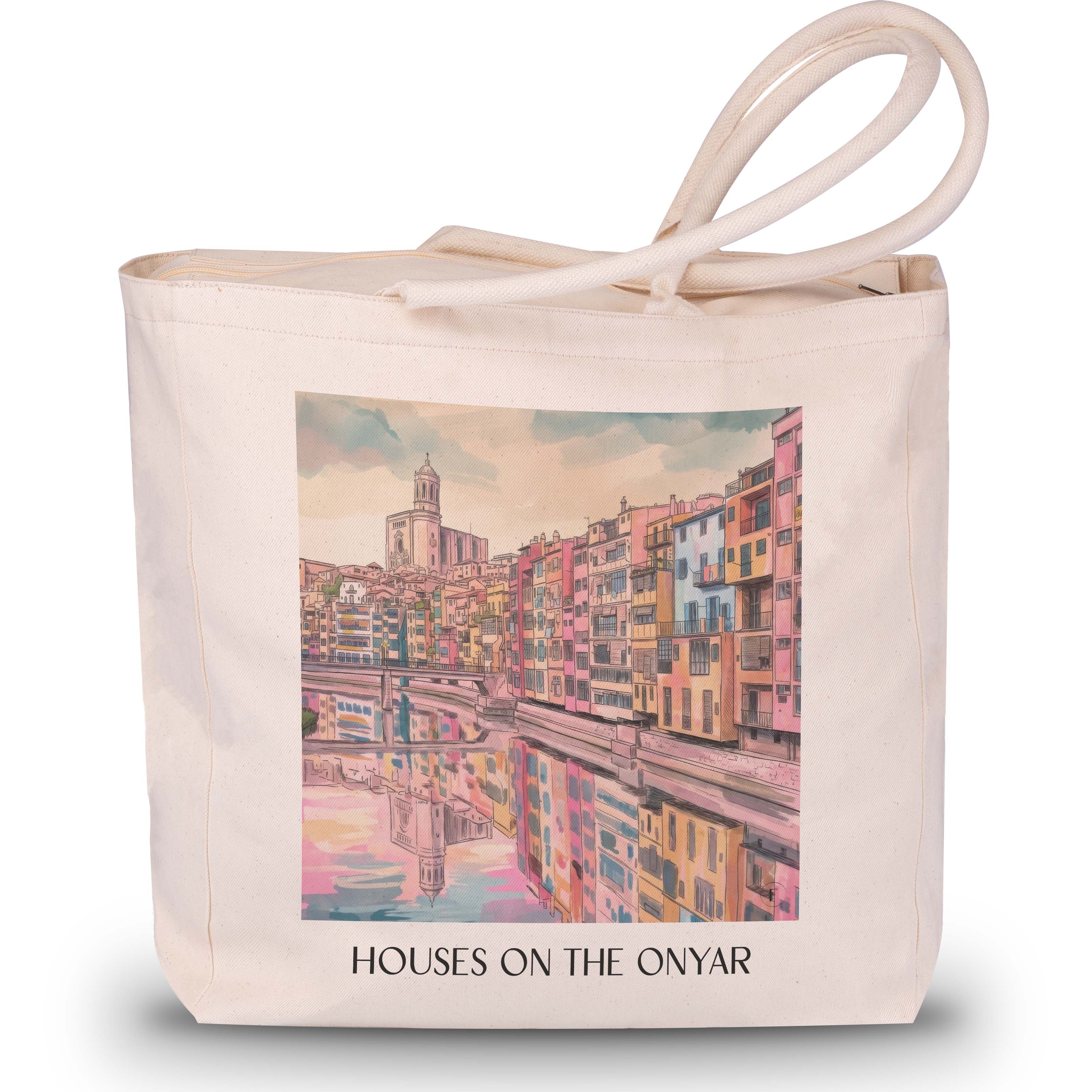 Cases de l'Onyar Shopping Tasche - Girona - Spanien Tote Bag - Einkaufstasche im Aquarell Pink Stil - favplace