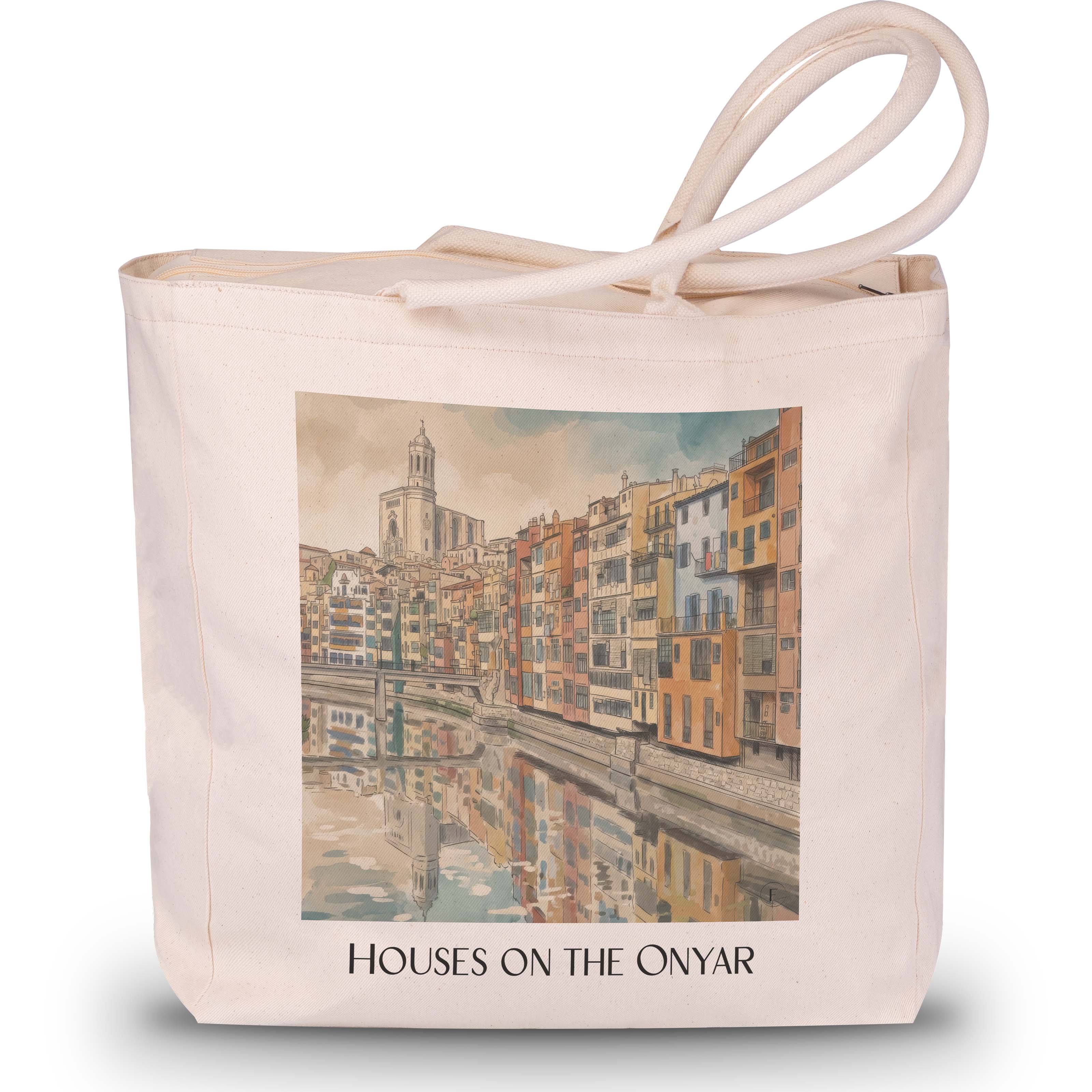 Cases de l'Onyar Shopping Tasche - Girona - Spanien Tote Bag - Einkaufstasche im Aquarell Stil - favplace