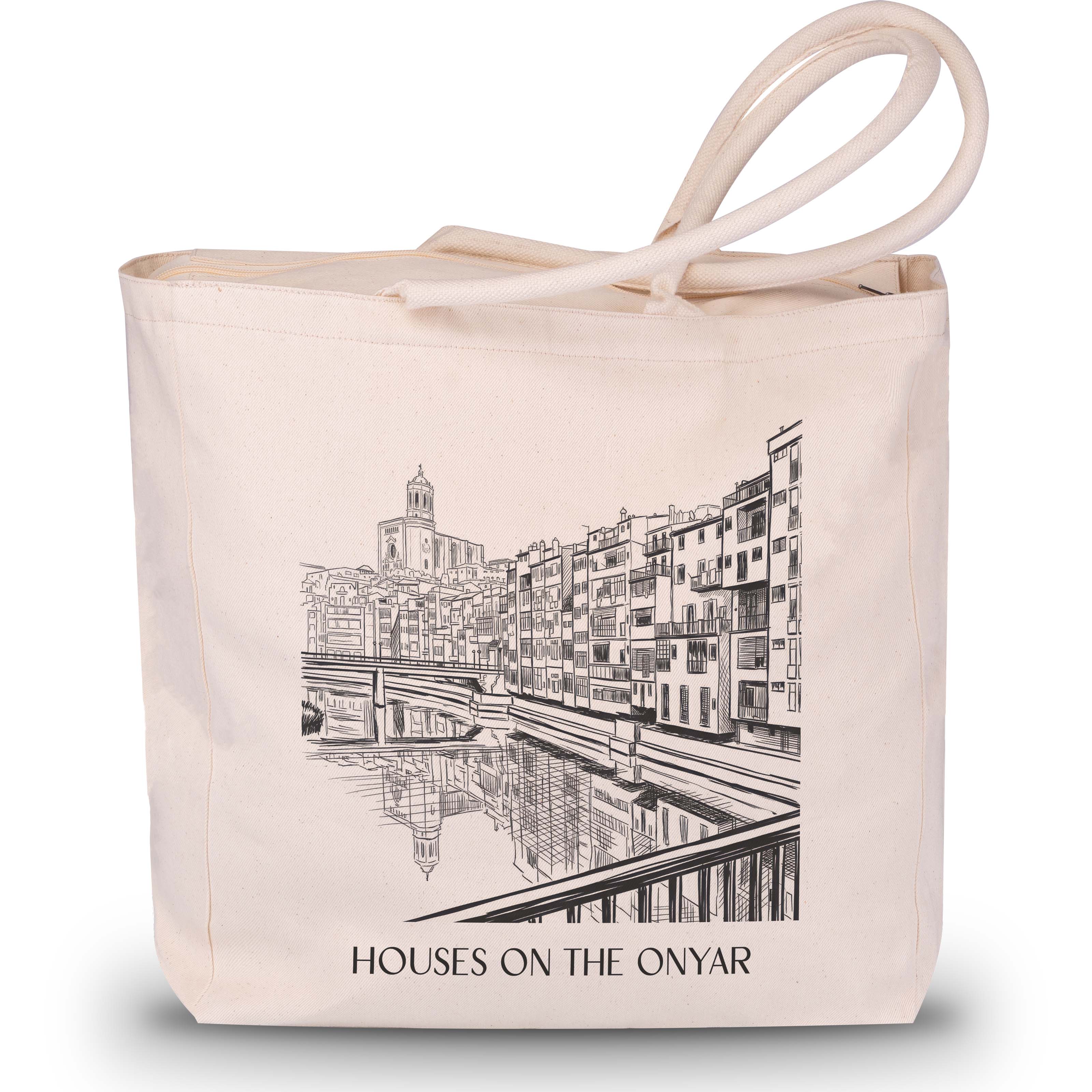 Cases de l'Onyar Shopping Tasche - Girona - Spanien Tote Bag - Einkaufstasche im Skizze Stil - favplace