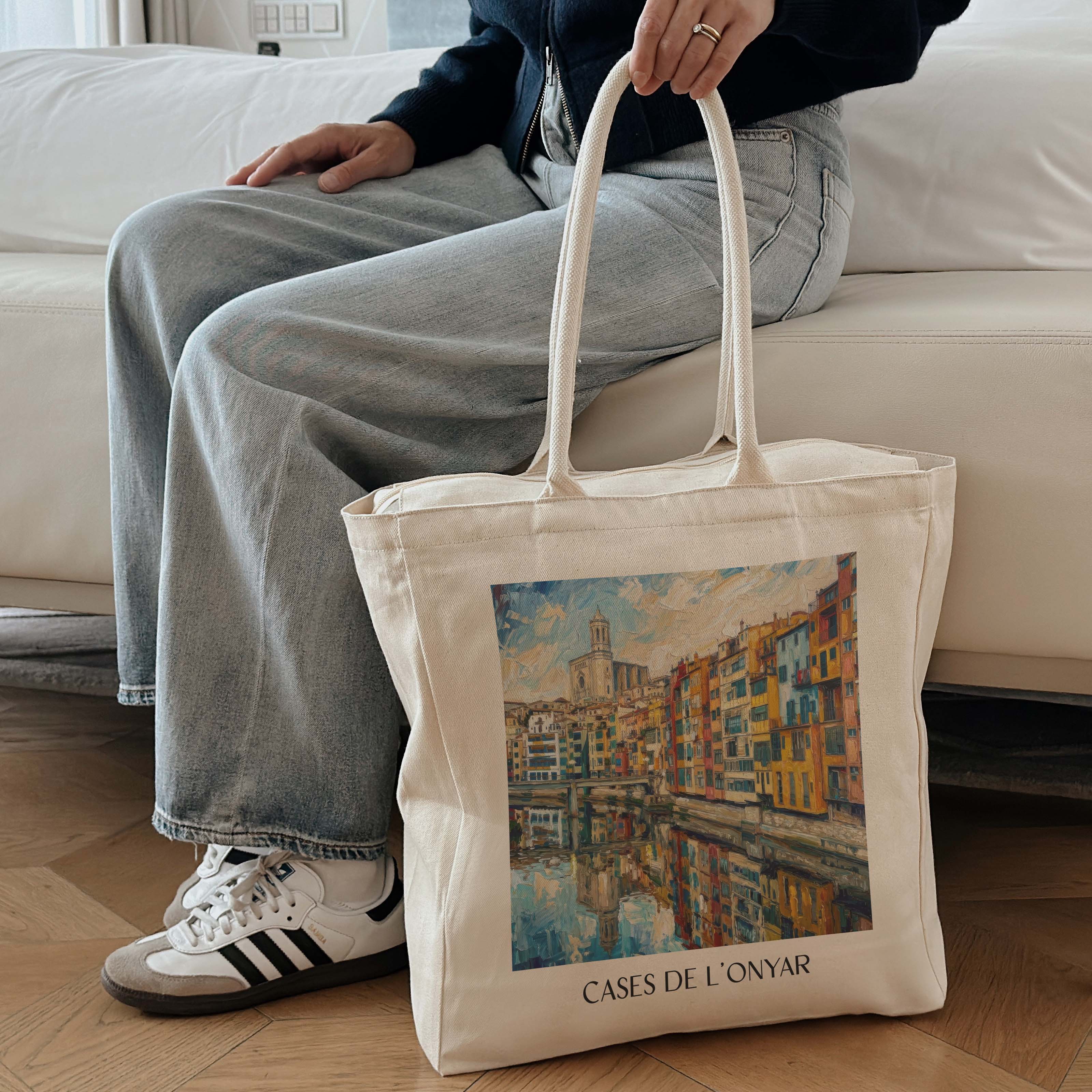 cases-de-l'onyar-girona-spanien-einkaufstasche-oil-painting-oelgemaelde