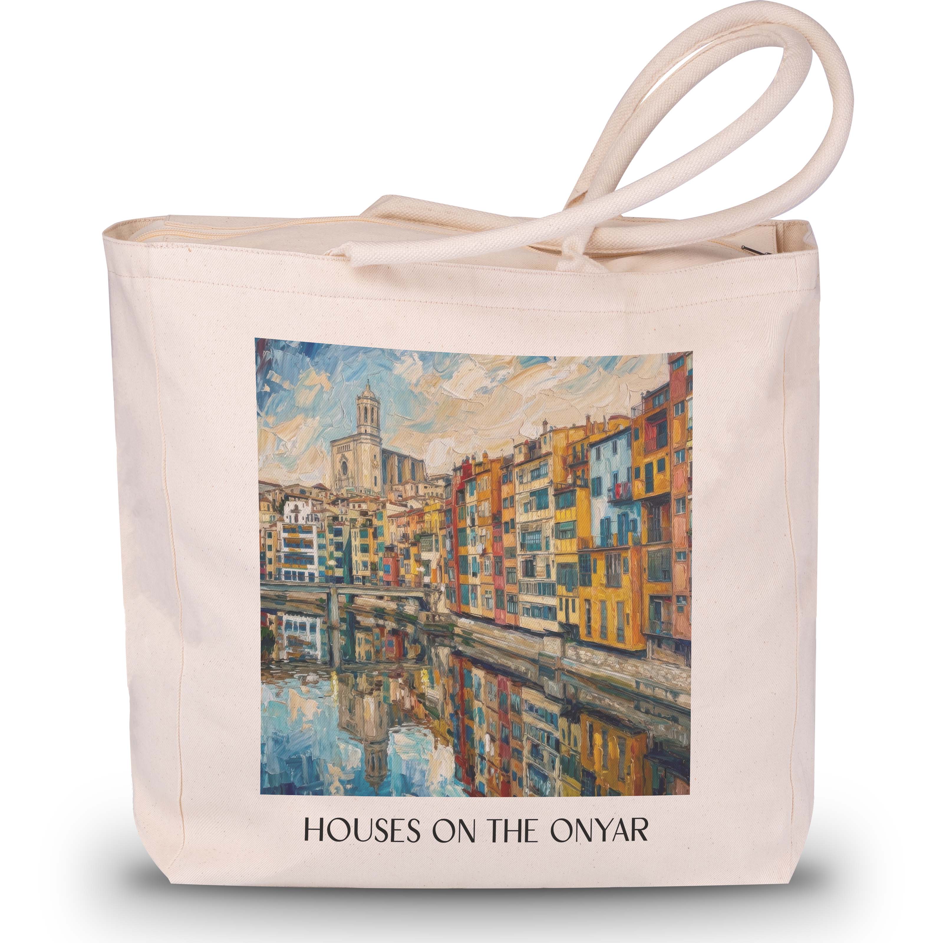 Cases de l'Onyar Shopping Tasche - Girona - Spanien Tote Bag - Einkaufstasche im Ölgemälde Stil - favplace