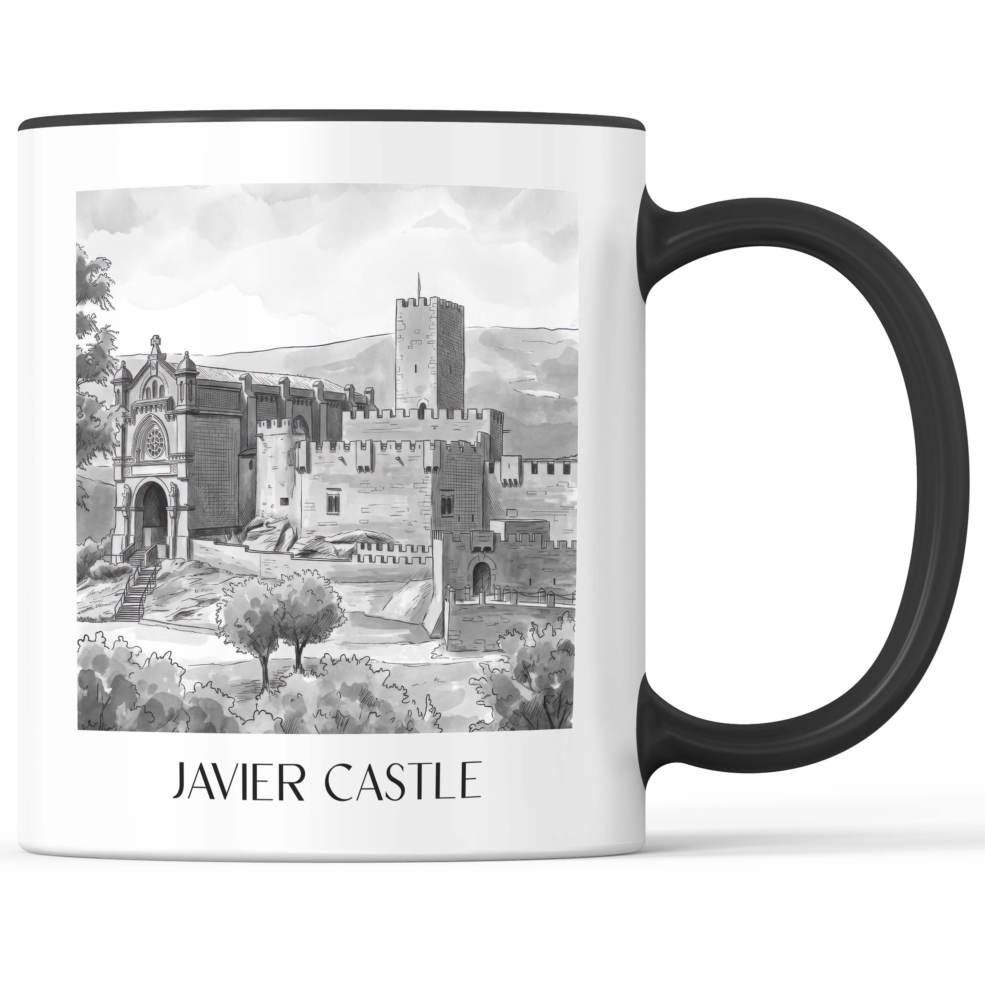 Castillo de Javier Kaffeebecher - Spanien - Spanien und Spanien Becher - Kaffeetasse im Aquarell Schwarz-Weiß Stil - favplace