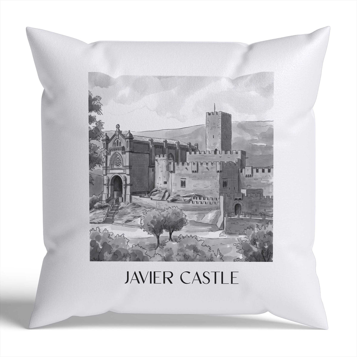 Castillo de Javier Kissenhülle - Zierkissen Bezug - Spanien - Spanien Kissen bzw. Kissenbezug im Aquarell Schwarz-Weiß Stil - favplace