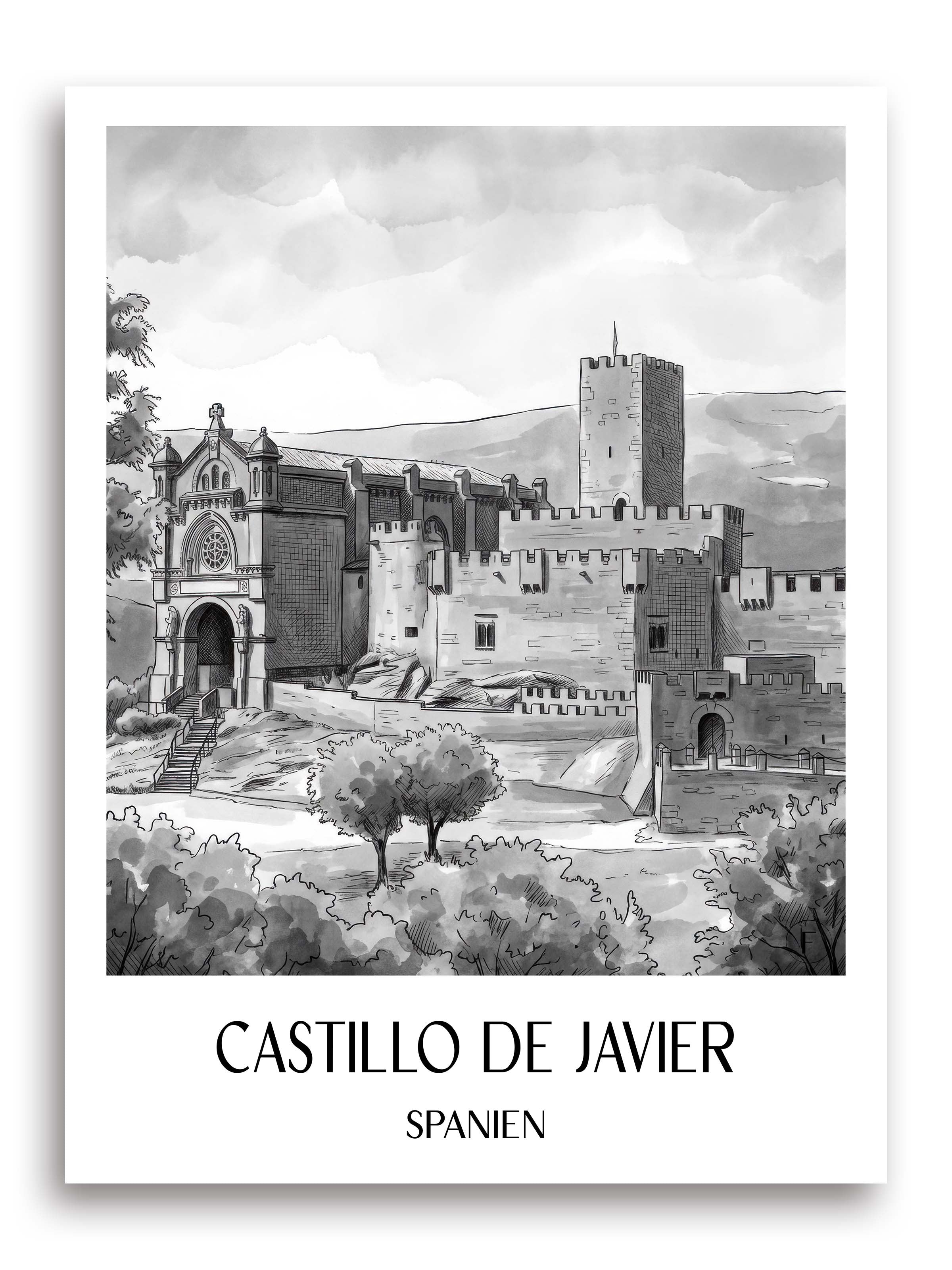 castillo-de-javier-spanien-spanien-poster-aquarell-schwarz-weiss