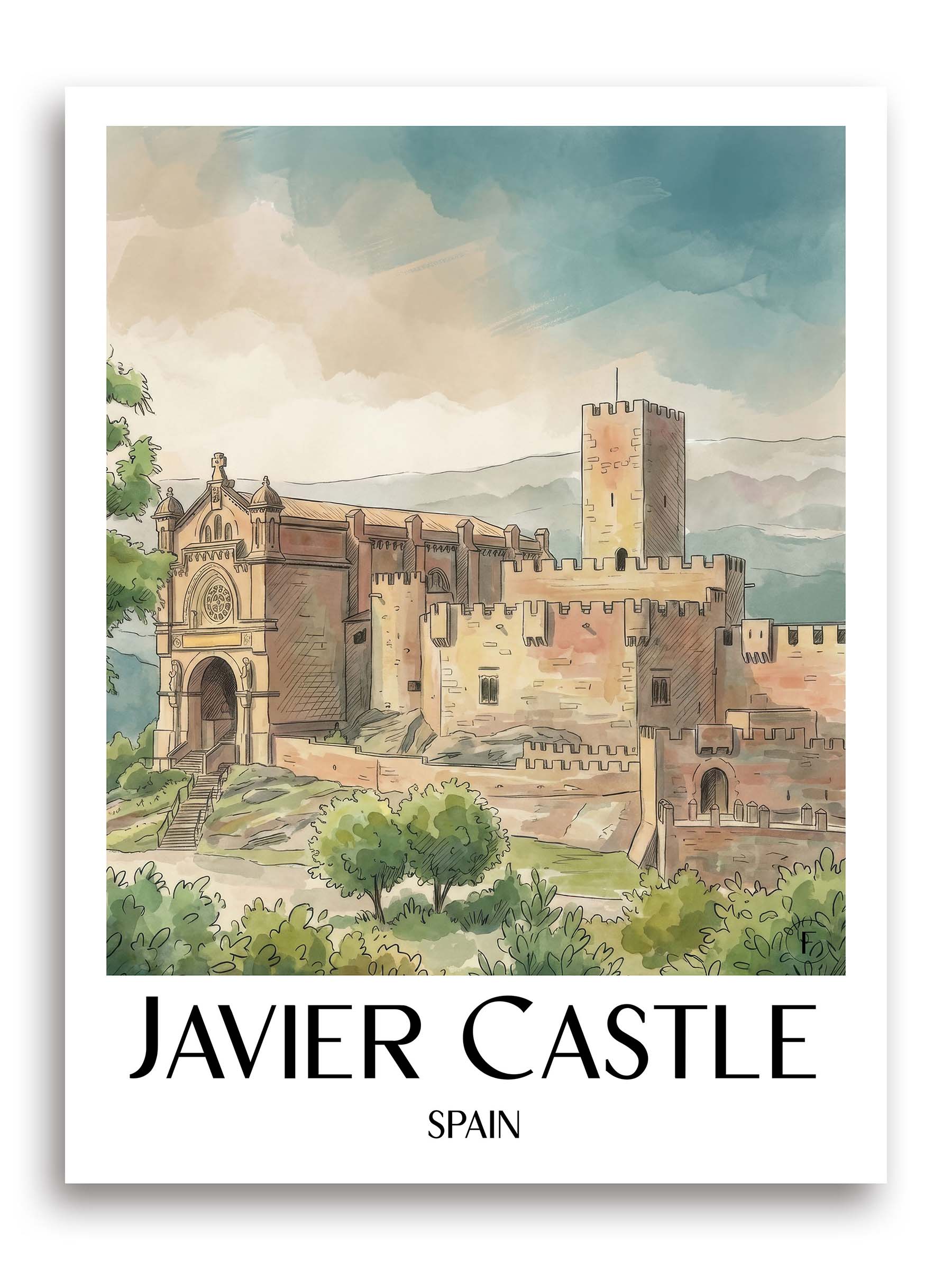 Castillo de Javier Poster - Spanien - Spanien Kunstdruck - Aquarell von A4 bis A1 - favplace