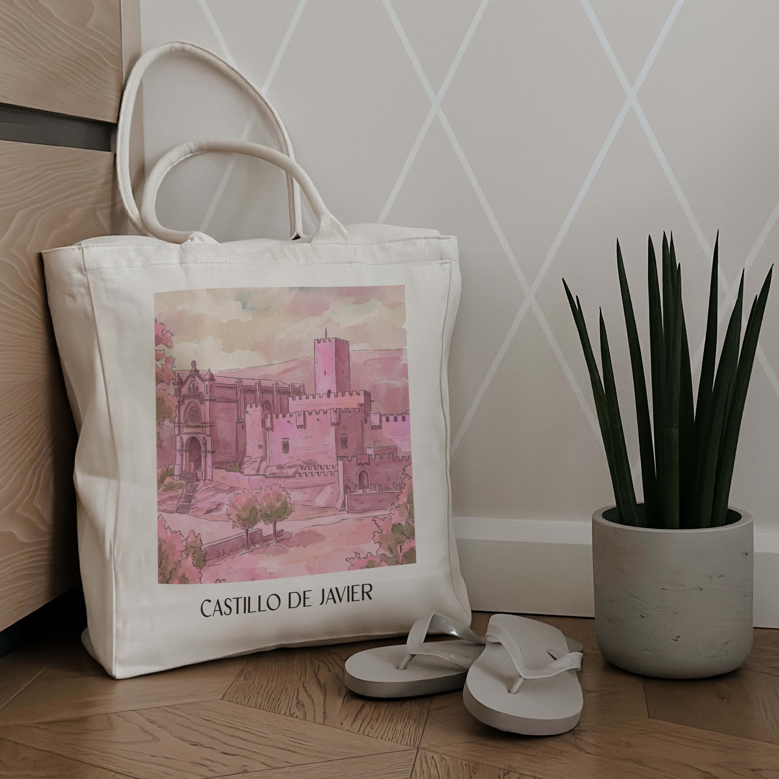 castillo-de-javier-spanien-spanien-und-spanien-einkaufstasche-aquarell-pink-rosa