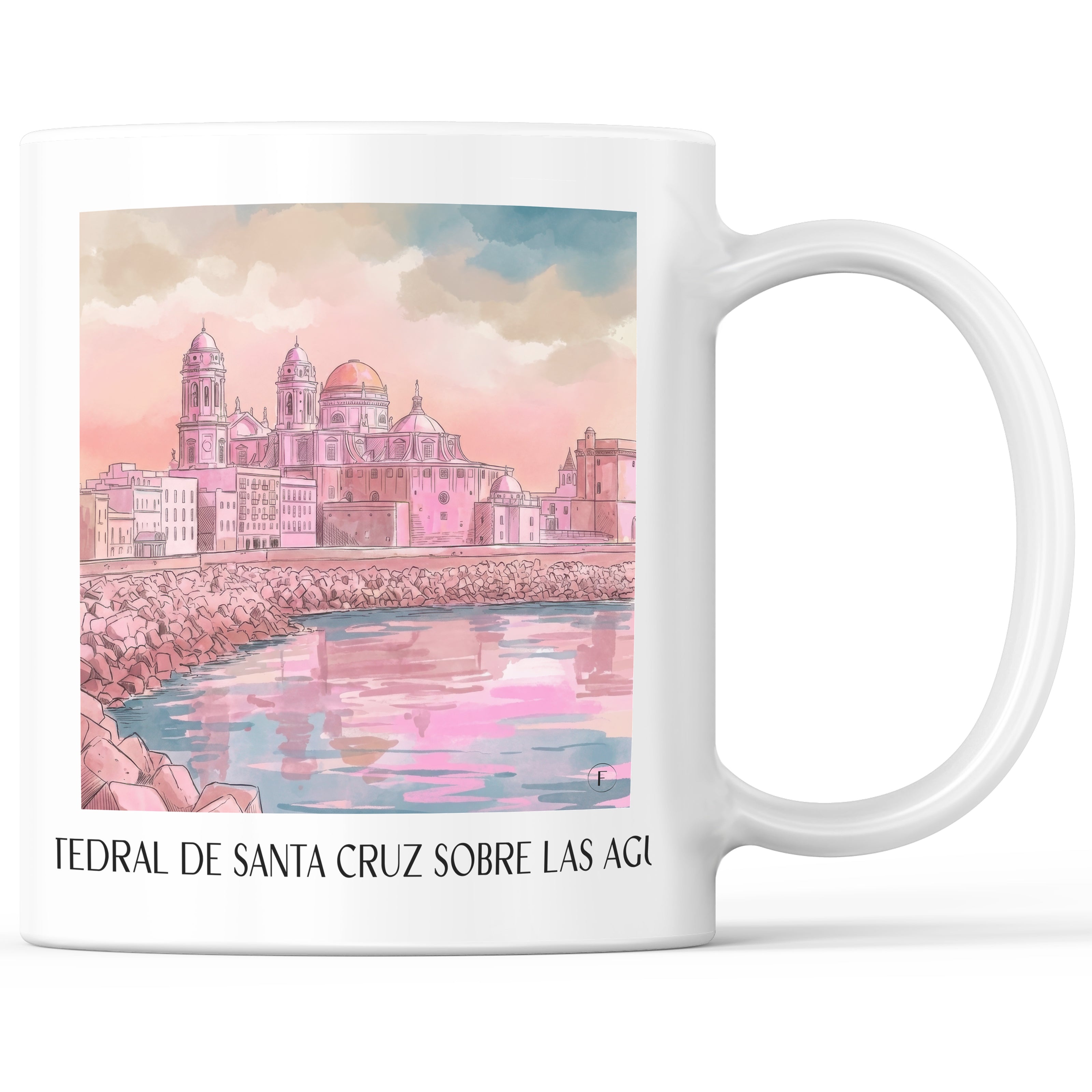 Catedral de Santa Cruz sobre las aguas Kaffeebecher - Cádiz - Spanien Becher - Kaffeetasse im Aquarell Pink Stil - favplace