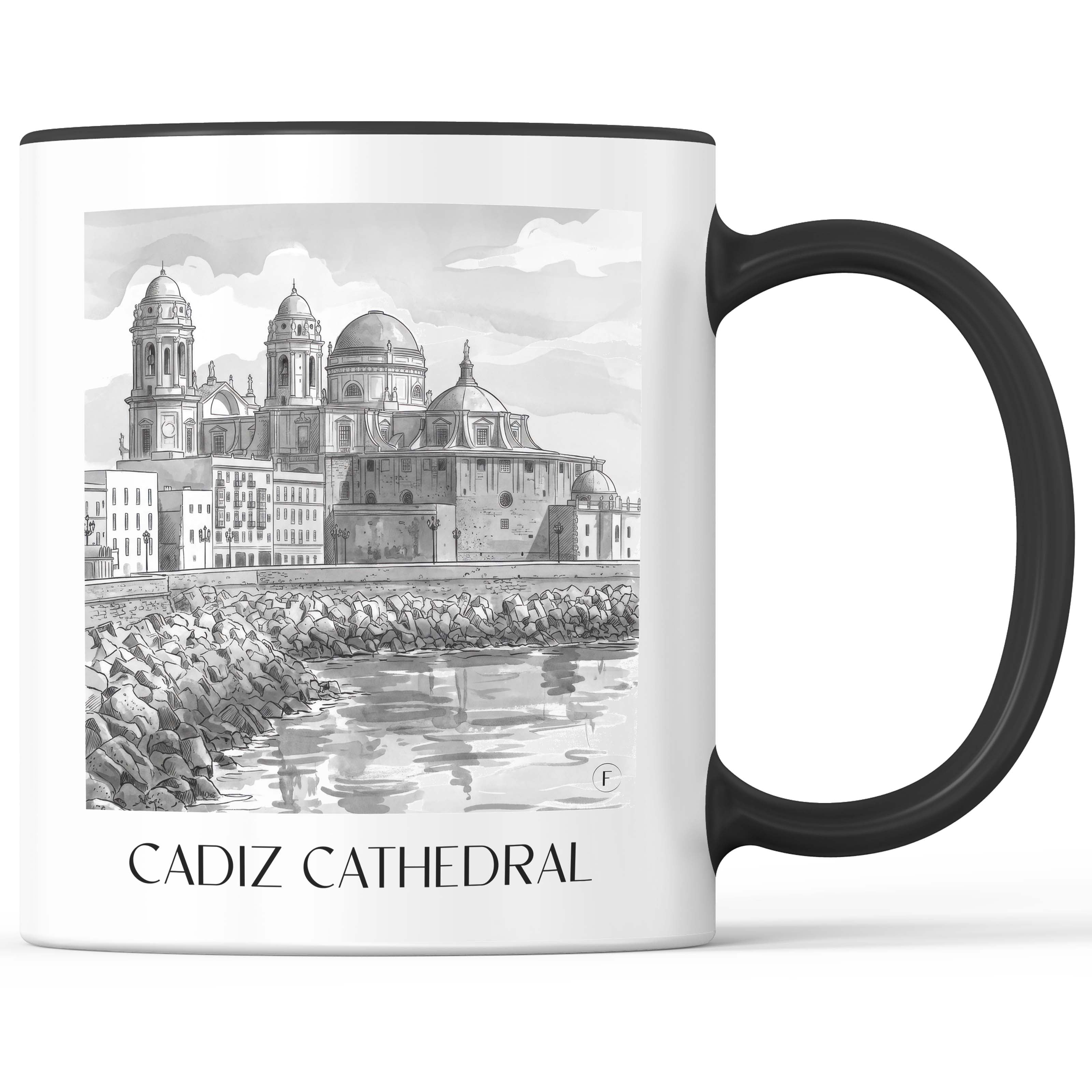 Catedral de Santa Cruz sobre las aguas Kaffeebecher - Cádiz - Spanien Becher - Kaffeetasse im Aquarell Schwarz-Weiß Stil - favplace