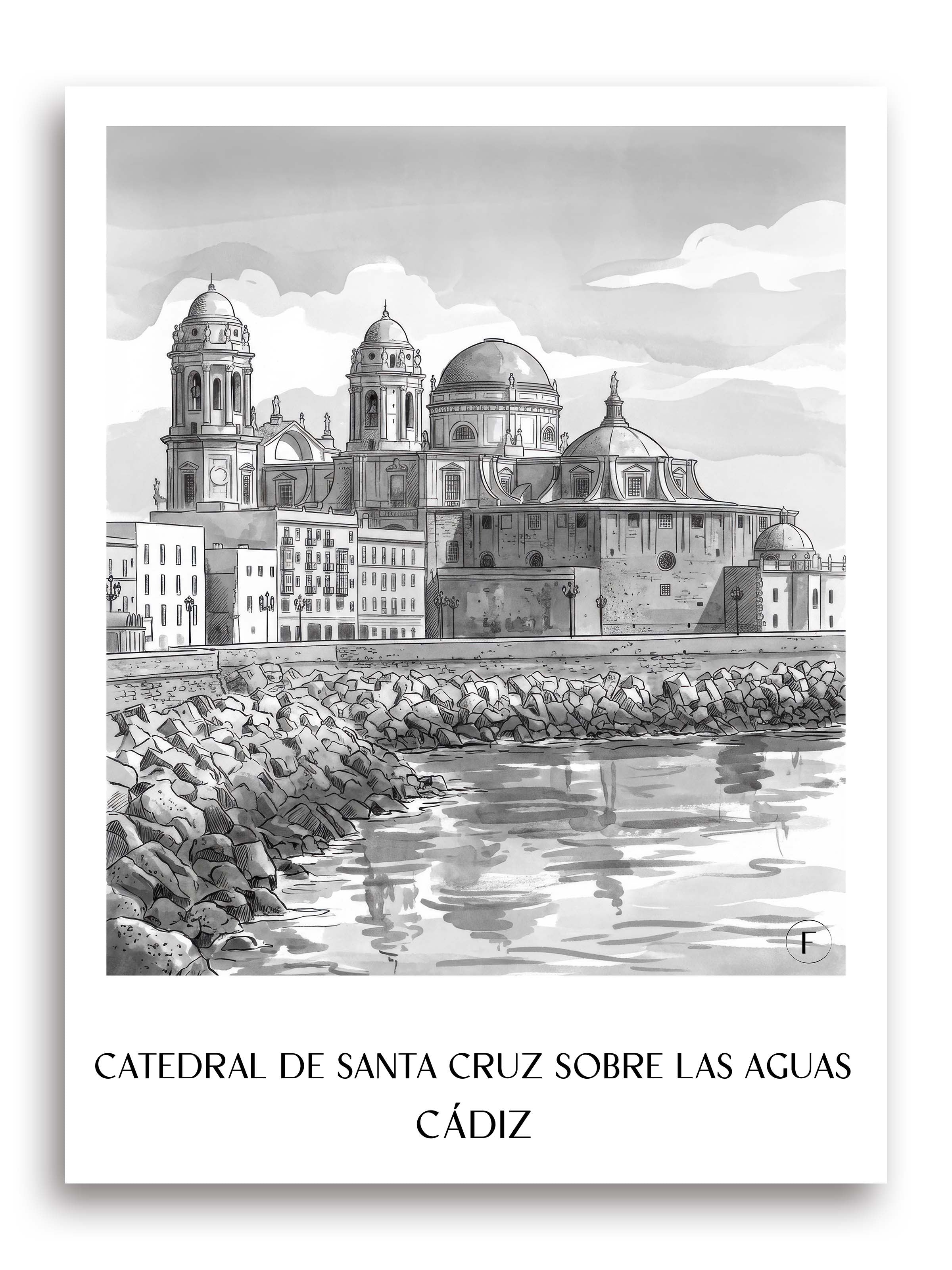 catedral-de-santa-cruz-sobre-las-aguas-cádiz-spanien-poster-aquarell-schwarz-weiss
