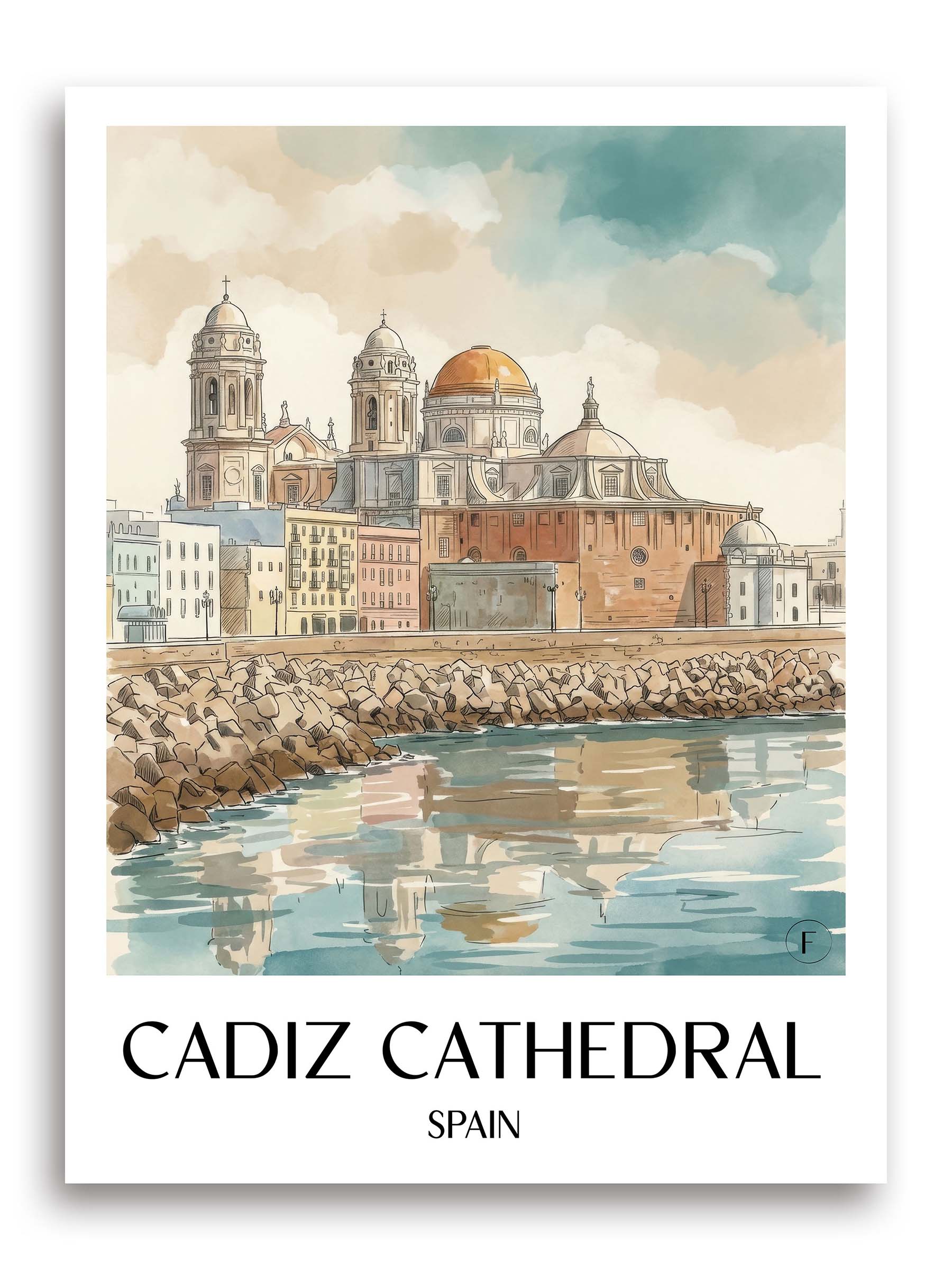 Catedral de Santa Cruz sobre las aguas Poster - Cádiz - Spanien Kunstdruck - Aquarell von A4 bis A1 - favplace