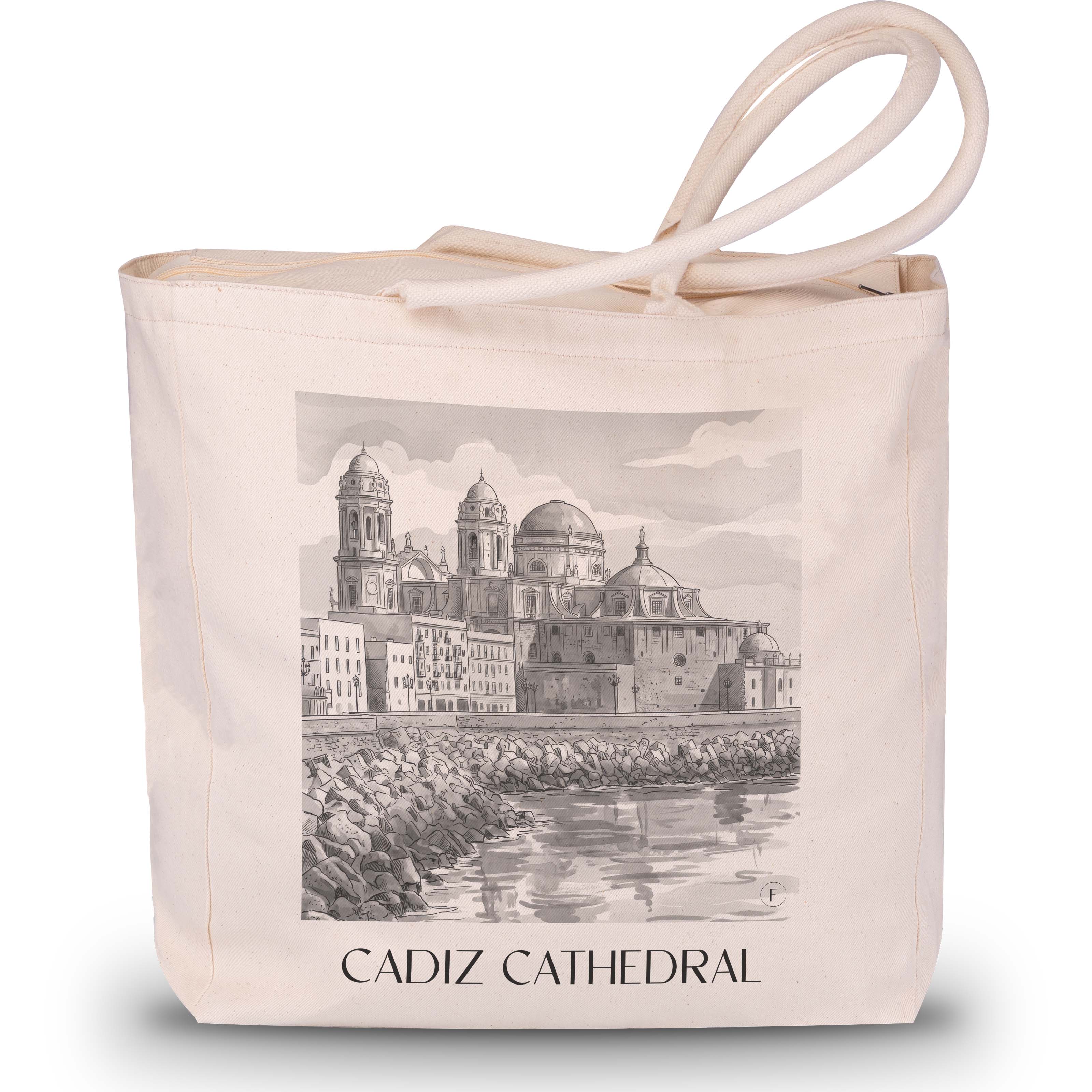 Catedral de Santa Cruz sobre las aguas Shopping Tasche - Cádiz - Spanien Tote Bag - Einkaufstasche im Aquarell Schwarz-Weiß Stil - favplace