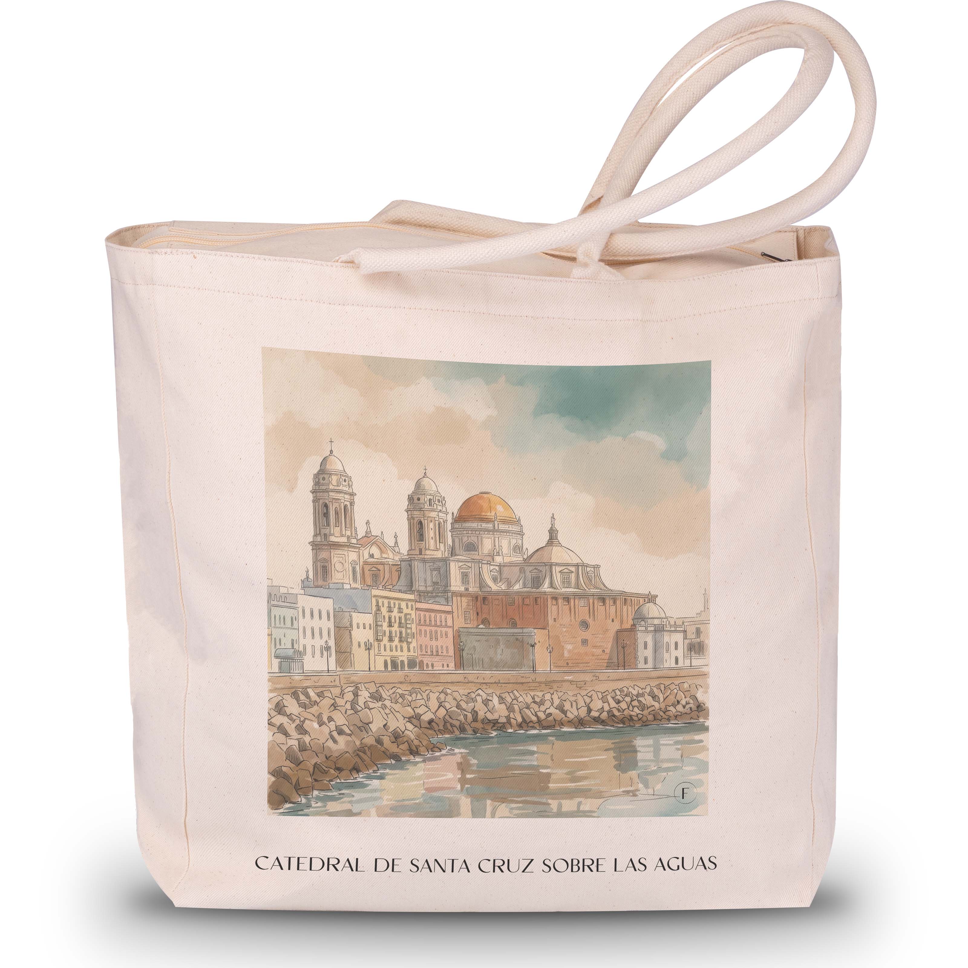 catedral-de-santa-cruz-sobre-las-aguas-cádiz-spanien-einkaufstasche-aquarell
