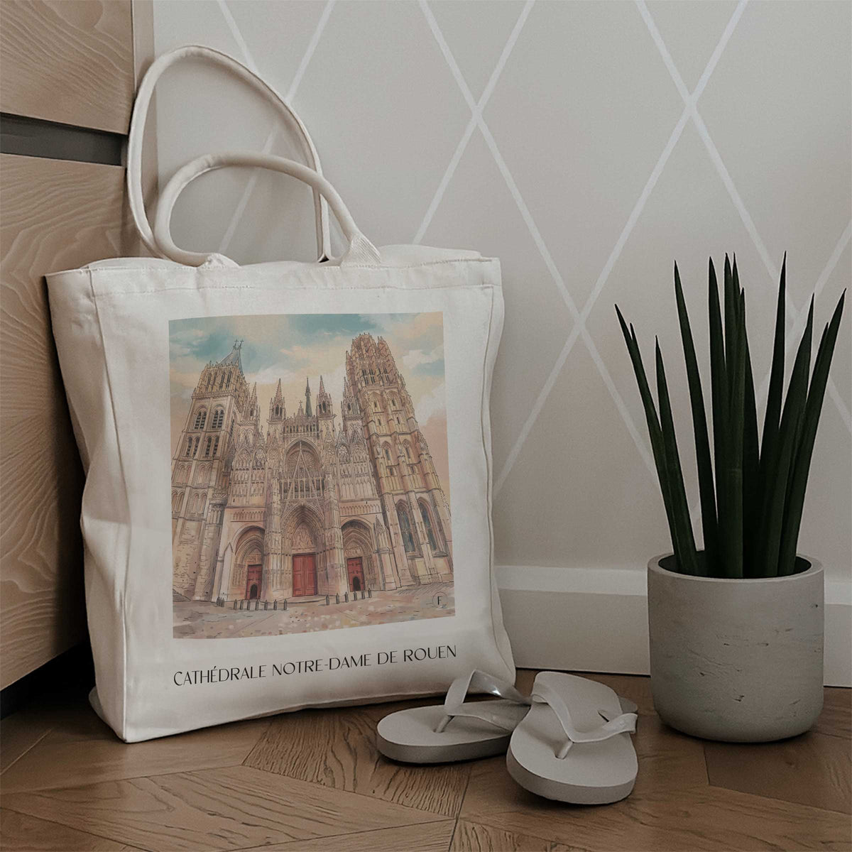 cathédrale-notre-dame-rouen-frankreich-einkaufstasche-aquarell