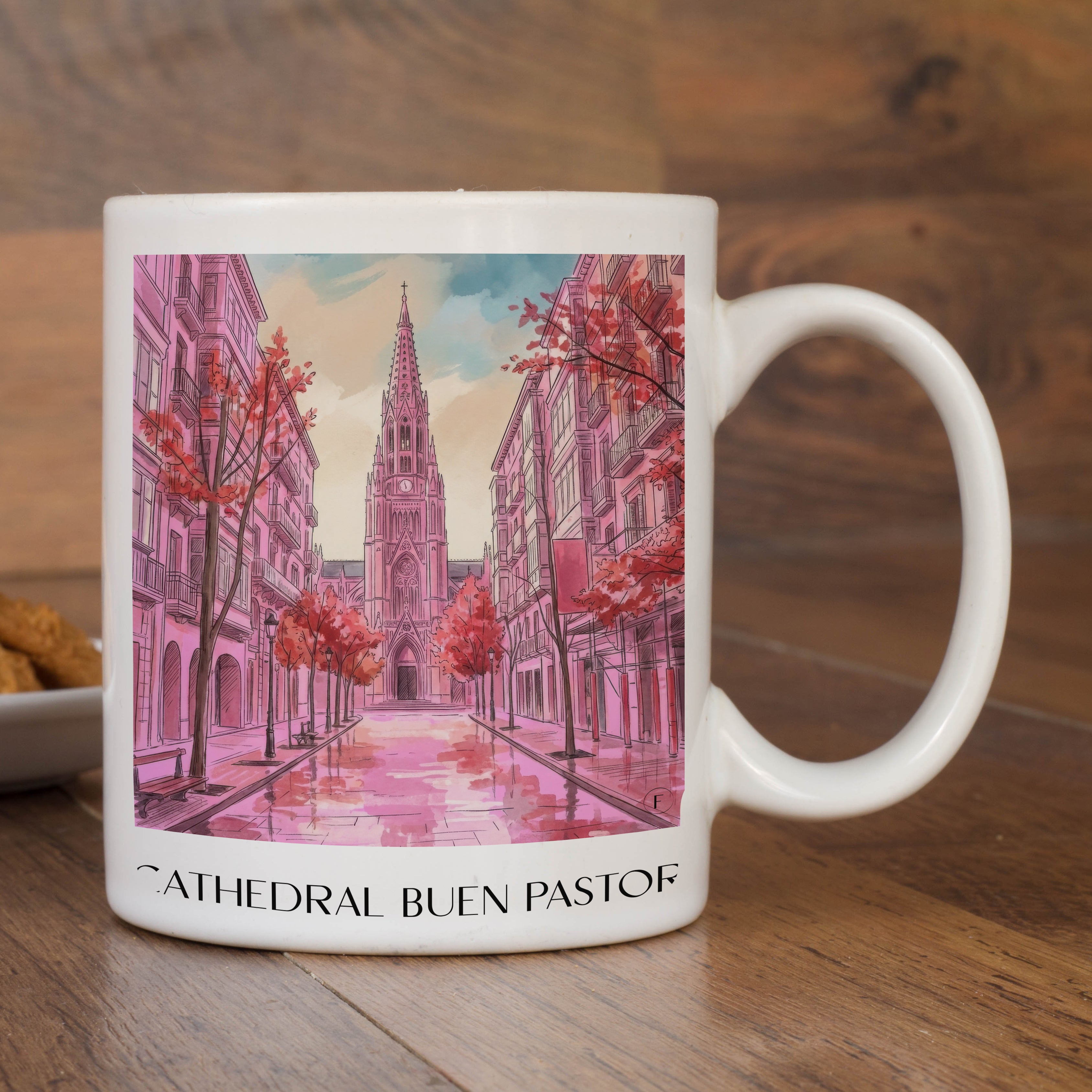 cathedral-buen-pastor-san-sebastián-spanien-kaffeebecher-aquarell-pink-rosa