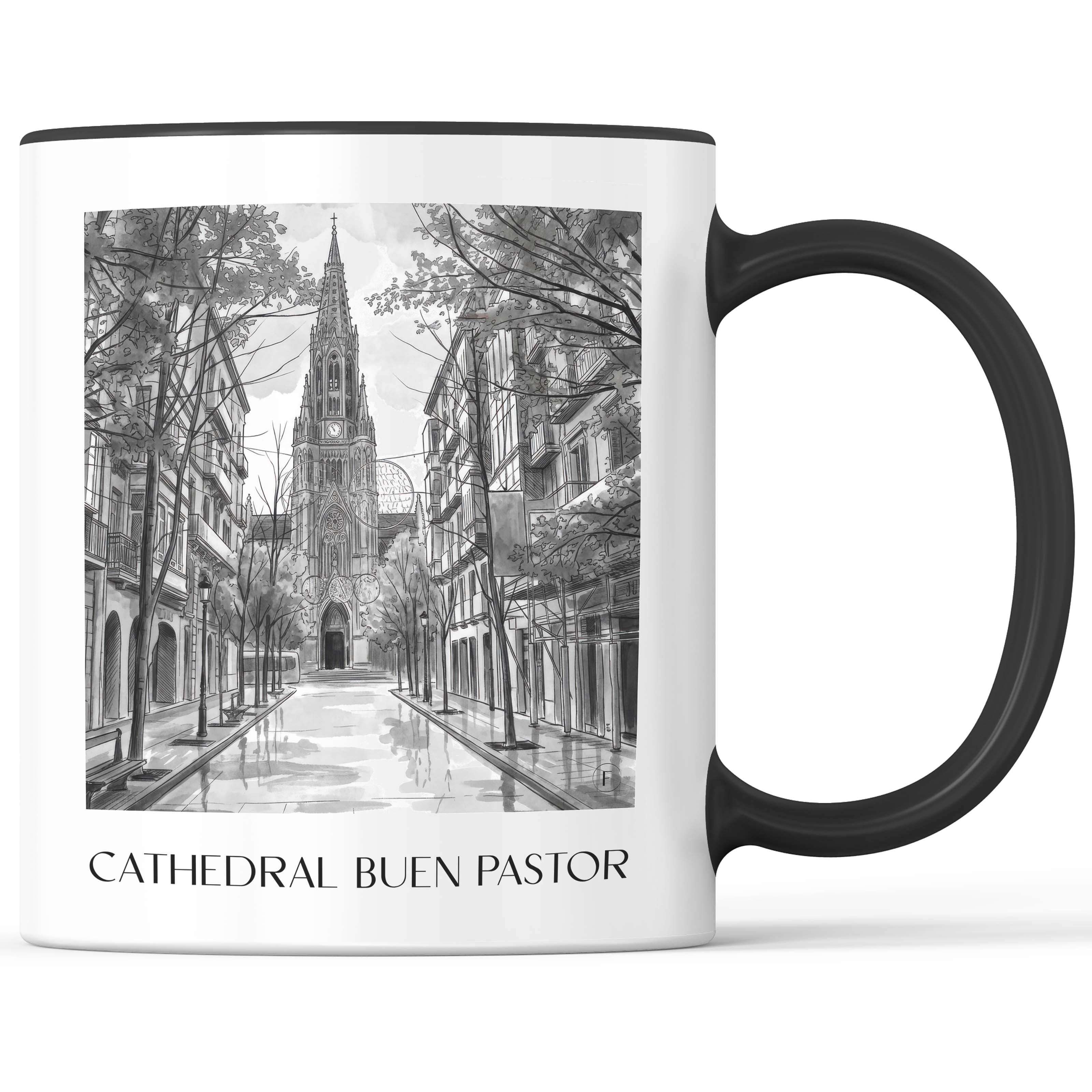 cathedral-buen-pastor-san-sebastián-spanien-kaffeebecher-aquarell-schwarz-weiss