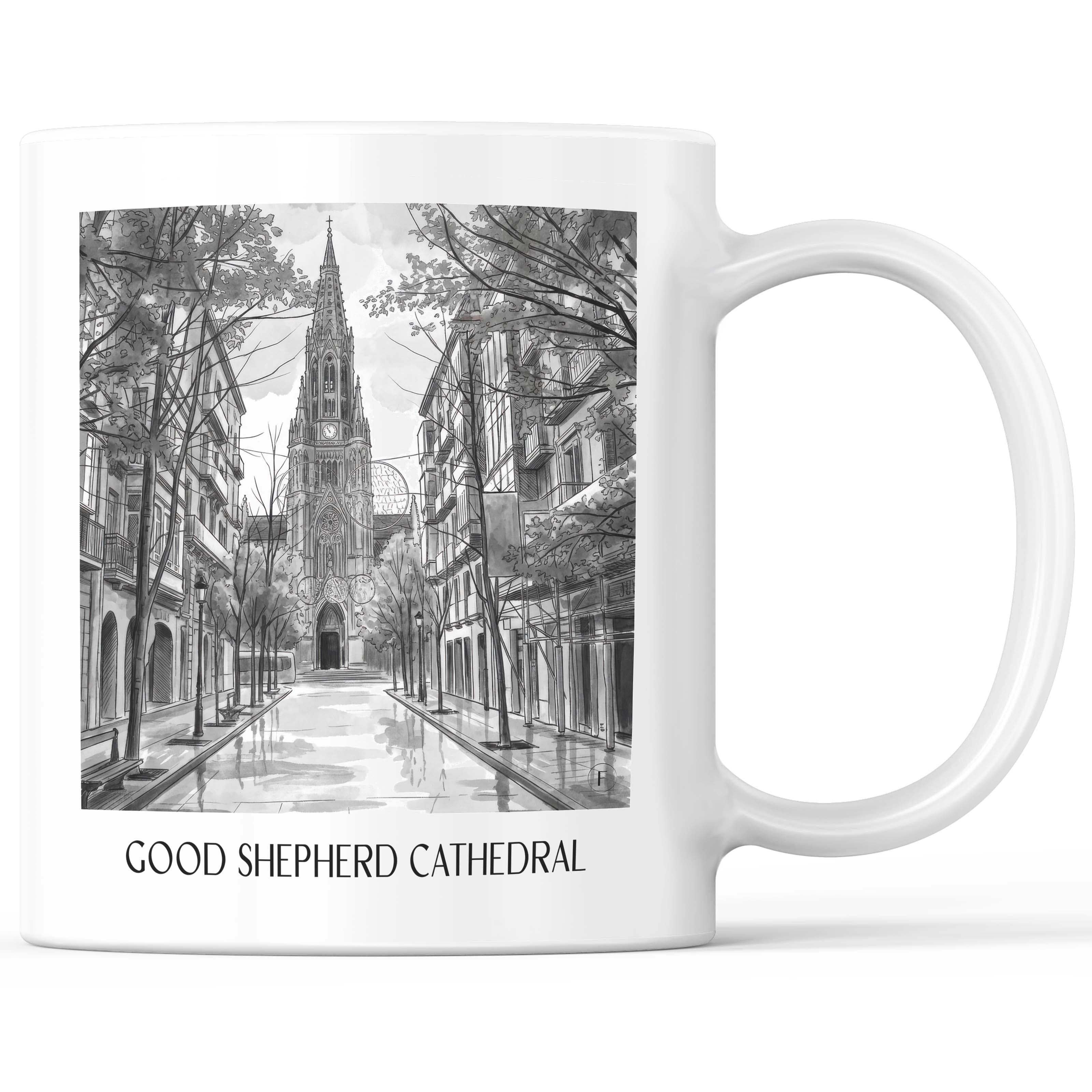 Cathedral Buen Pastor Kaffeebecher - San Sebastián - Spanien Becher - Kaffeetasse im Aquarell Schwarz-Weiß Stil - favplace