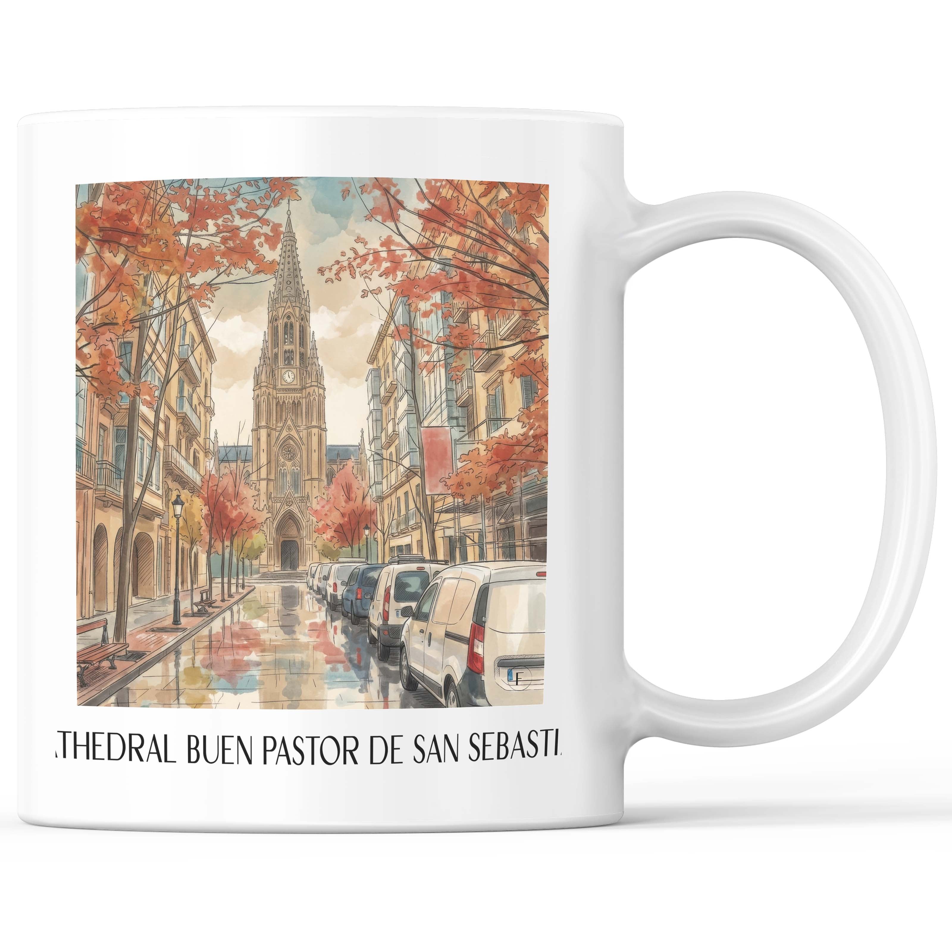 Cathedral Buen Pastor Kaffeebecher - San Sebastián - Spanien Becher - Kaffeetasse im Aquarell Stil - favplace