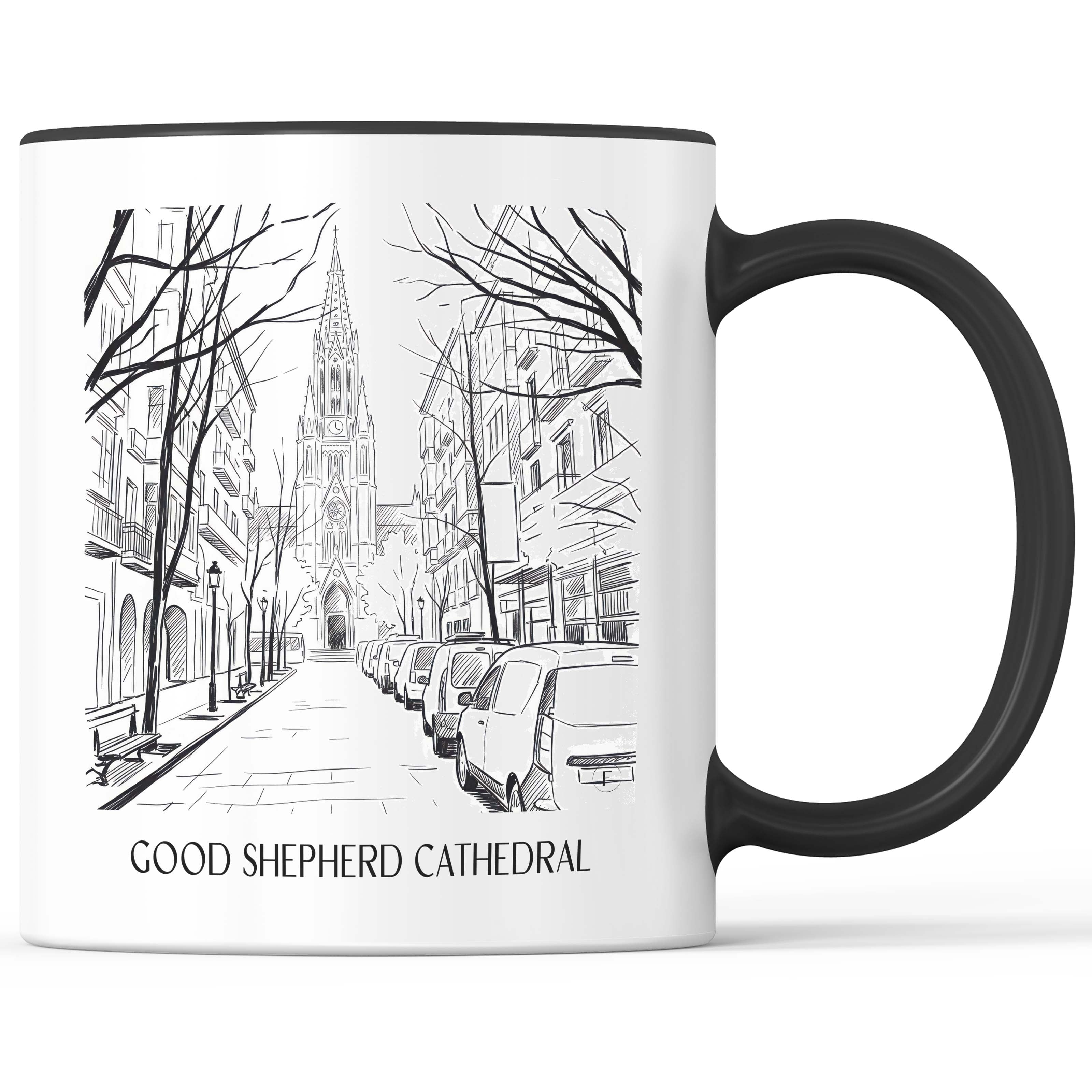 Cathedral Buen Pastor Kaffeebecher - San Sebastián - Spanien Becher - Kaffeetasse im Skizze Stil - favplace