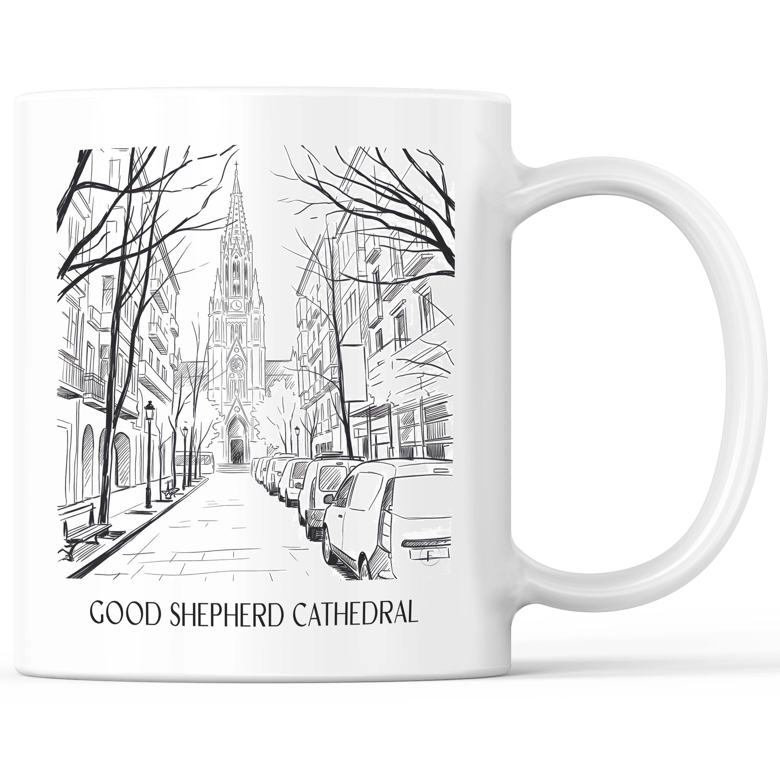 Cathedral Buen Pastor Kaffeebecher - San Sebastián - Spanien Becher - Kaffeetasse im Skizze Stil - favplace