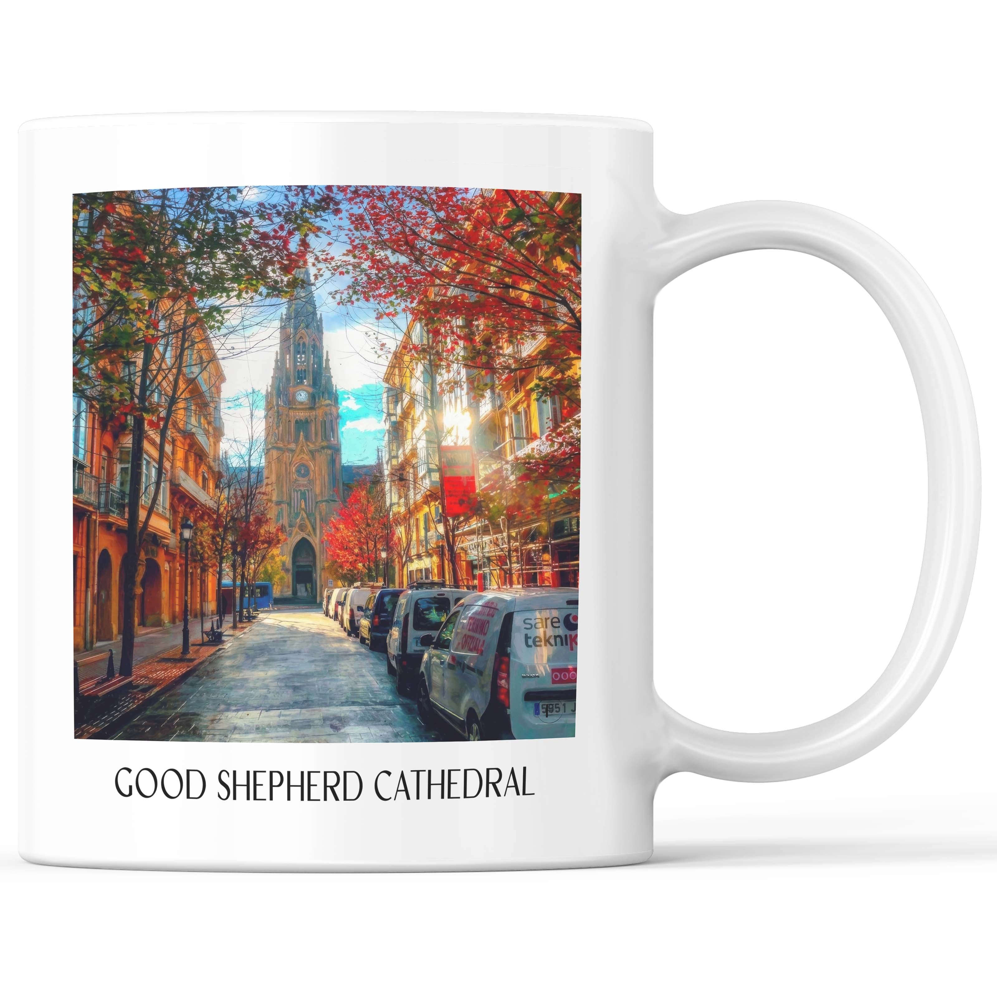 Cathedral Buen Pastor Kaffeebecher - San Sebastián - Spanien Becher - Kaffeetasse im Ölgemälde Stil - favplace