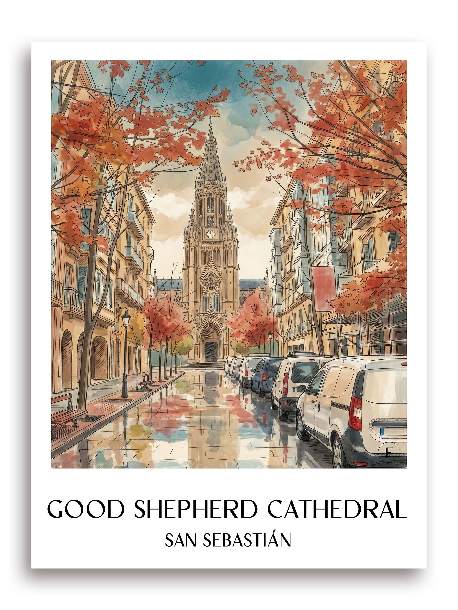 Cathedral Buen Pastor Poster - San Sebastián - Spanien Kunstdruck - Aquarell von A4 bis A1 - favplace