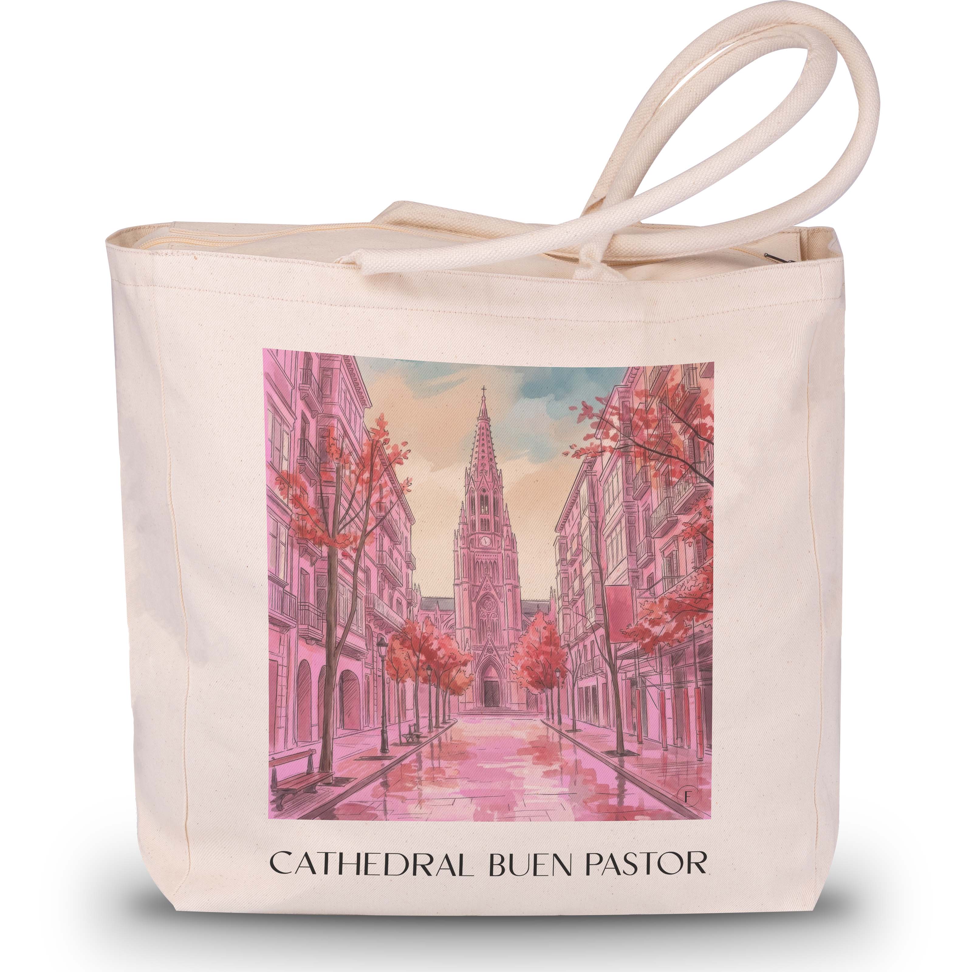 cathedral-buen-pastor-san-sebastián-spanien-einkaufstasche-aquarell-pink-rosa