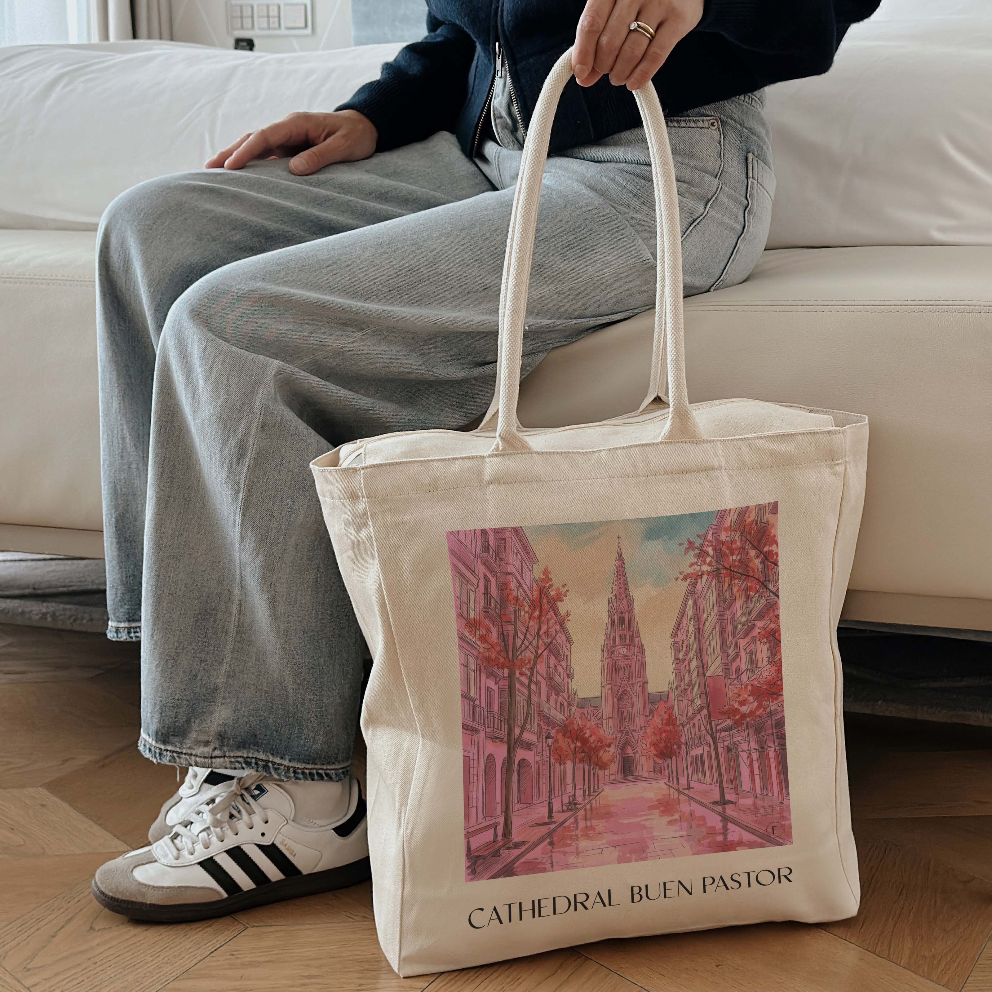 cathedral-buen-pastor-san-sebastián-spanien-einkaufstasche-aquarell-pink-rosa