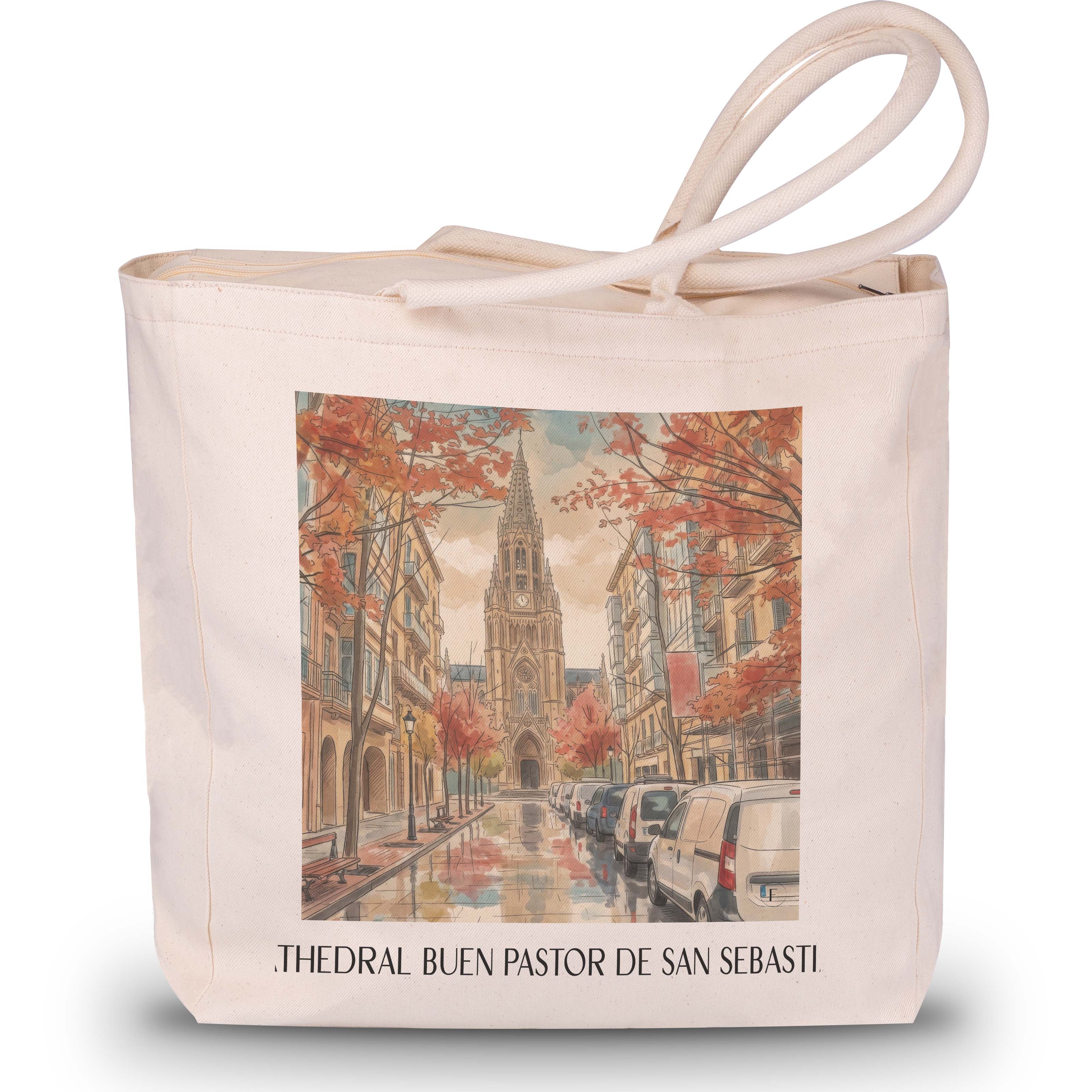 cathedral-buen-pastor-san-sebastián-spanien-einkaufstasche-aquarell