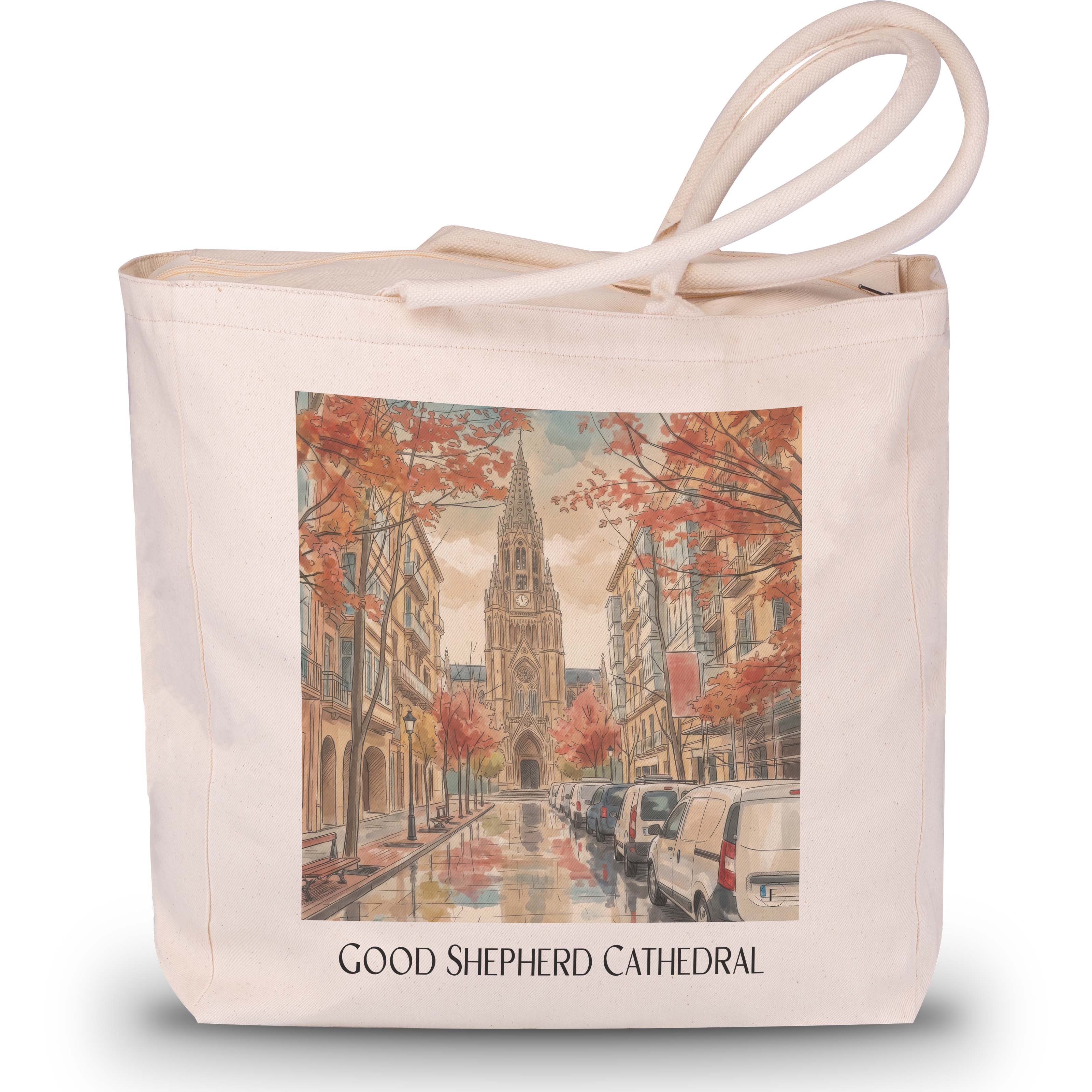 Cathedral Buen Pastor Shopping Tasche - San Sebastián - Spanien Tote Bag - Einkaufstasche im Aquarell Stil - favplace