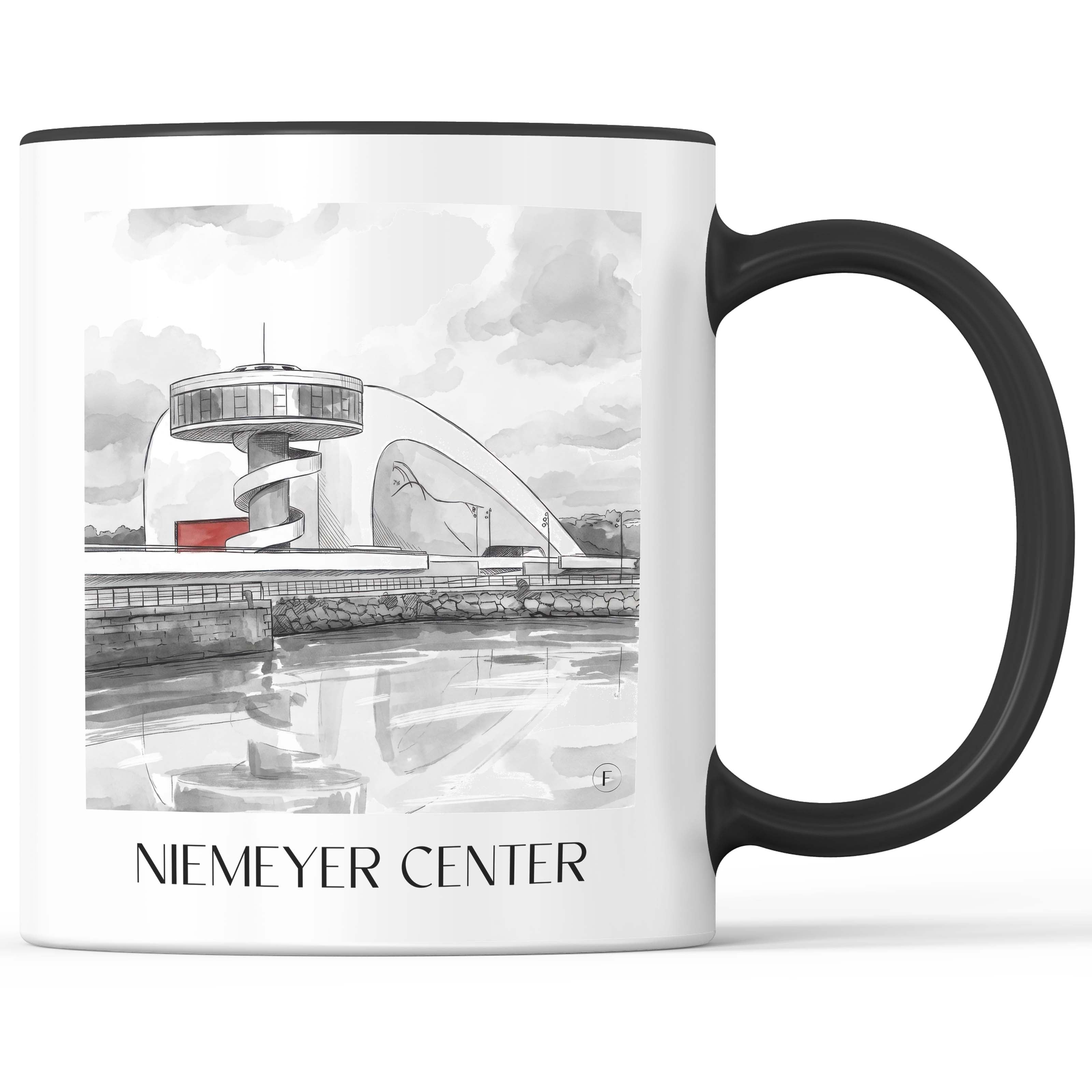 Centro Niemeyer Kaffeebecher - Avilés - Spanien Becher - Kaffeetasse im Aquarell Schwarz-Weiß Stil - favplace