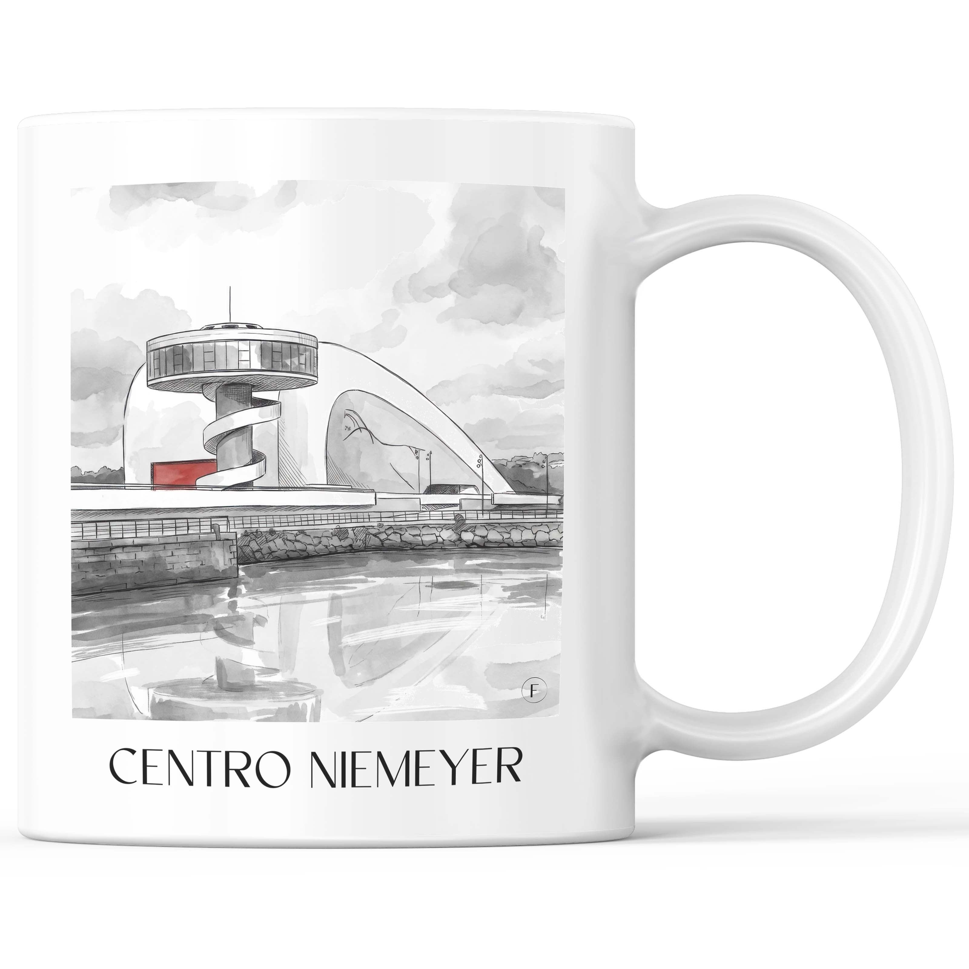 Centro Niemeyer Kaffeebecher - Avilés - Spanien Becher - Kaffeetasse im Aquarell Schwarz-Weiß Stil - favplace