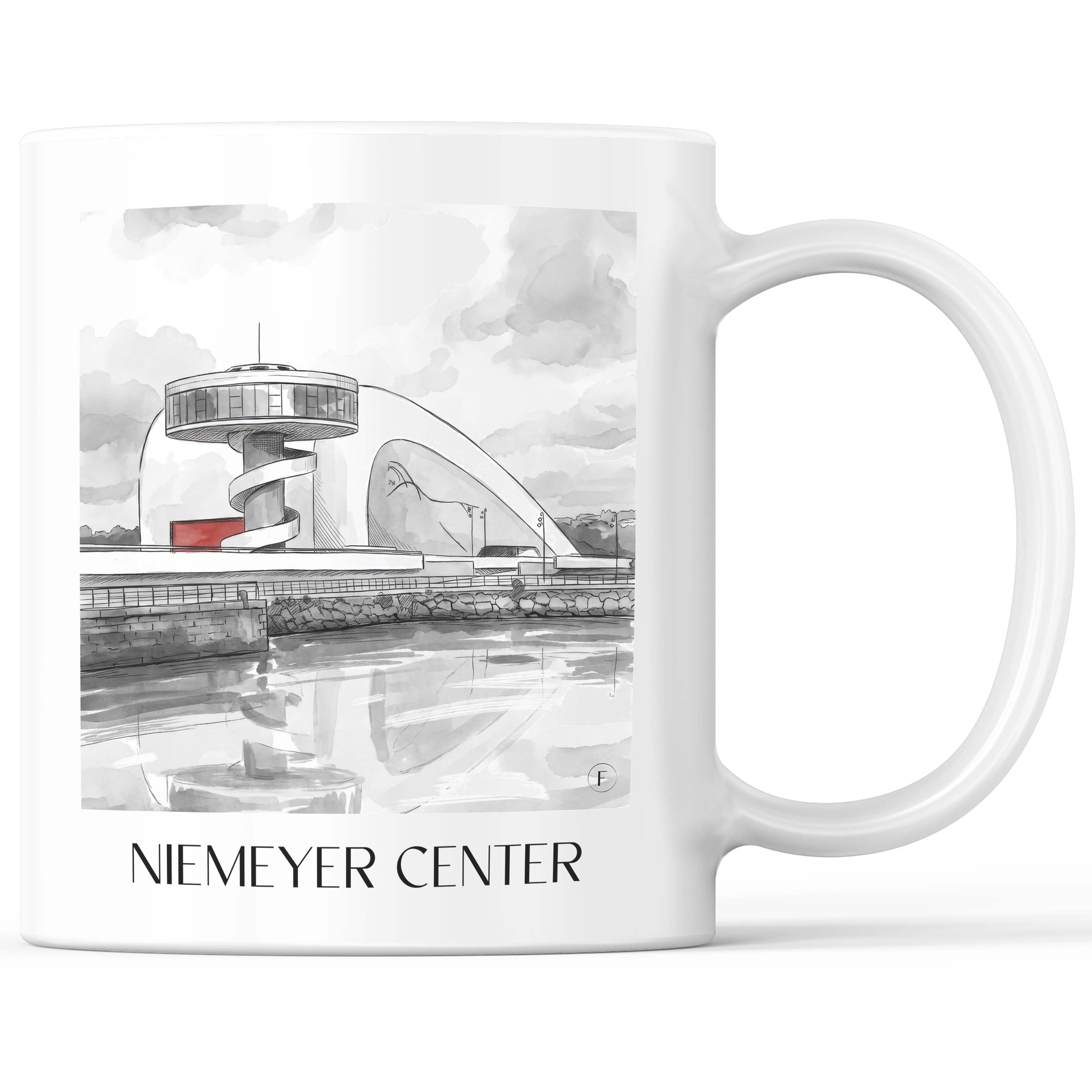Centro Niemeyer Kaffeebecher - Avilés - Spanien Becher - Kaffeetasse im Aquarell Schwarz-Weiß Stil - favplace