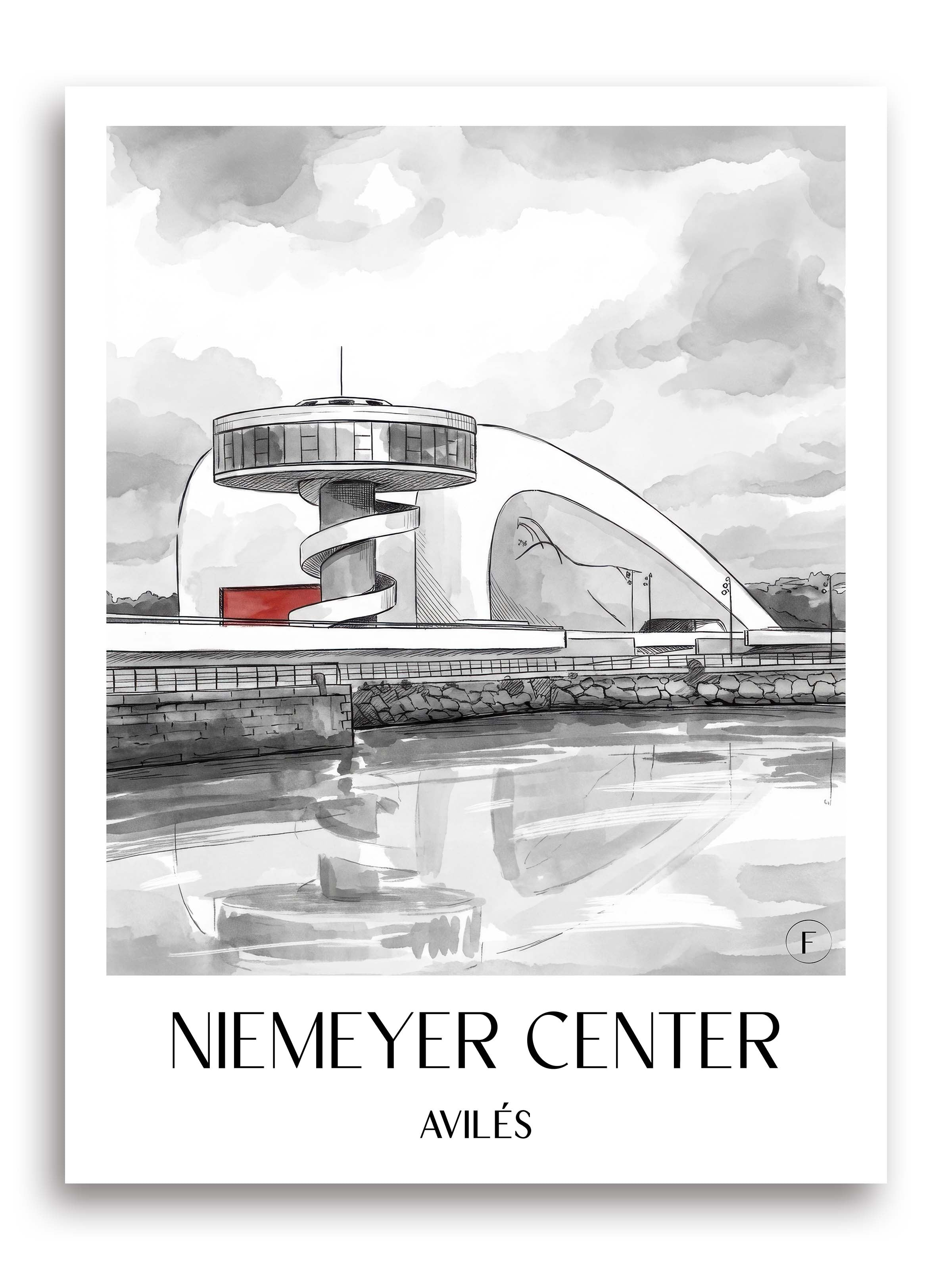 Centro Niemeyer Poster - Avilés - Spanien Kunstdruck - Aquarell Schwarz-Weiß von A4 bis A1 - favplace