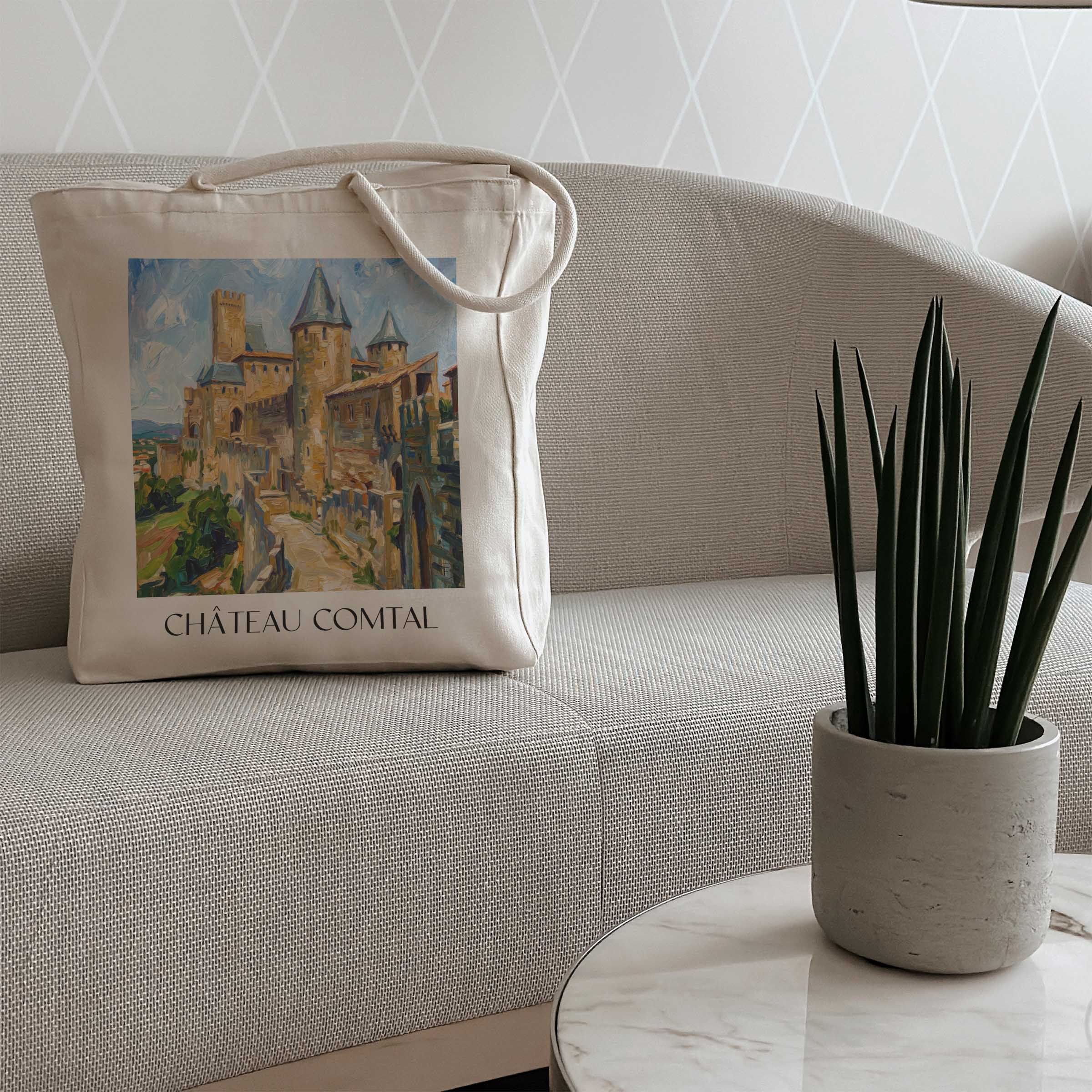 château-comtal-carcassonne-frankreich-einkaufstasche-oil-painting-oelgemaelde