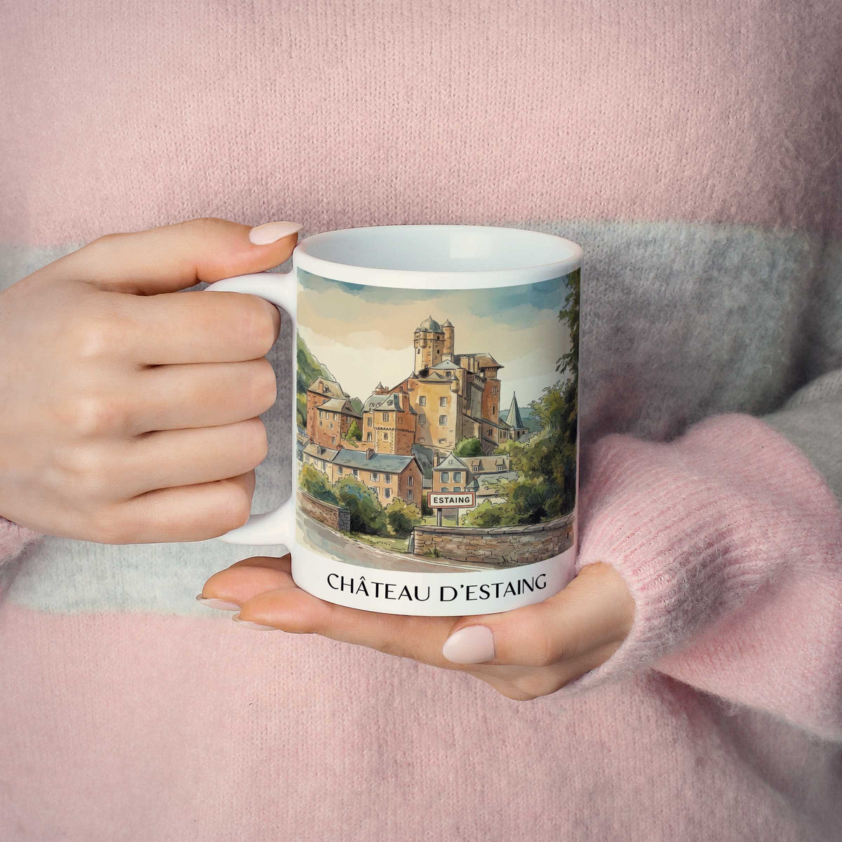 château-d'estaing-vallée-du-lot-frankreich-kaffeebecher-aquarell