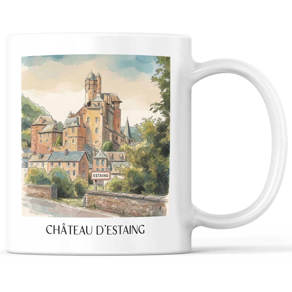 château-d'estaing-vallée-du-lot-frankreich-kaffeebecher-aquarell