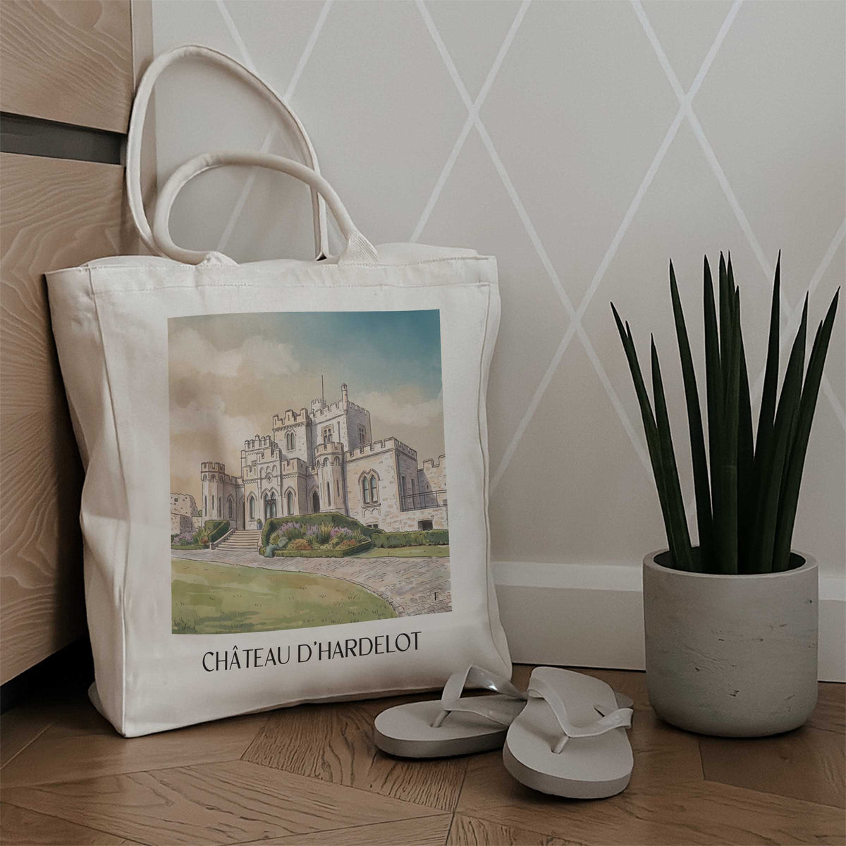 château-d'hardelot-condette-frankreich-einkaufstasche-aquarell
