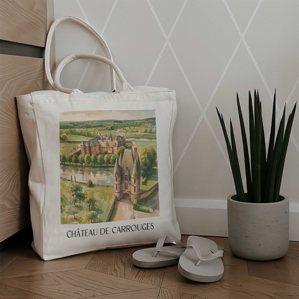 château-de-carrouges-orne-frankreich-einkaufstasche-aquarell